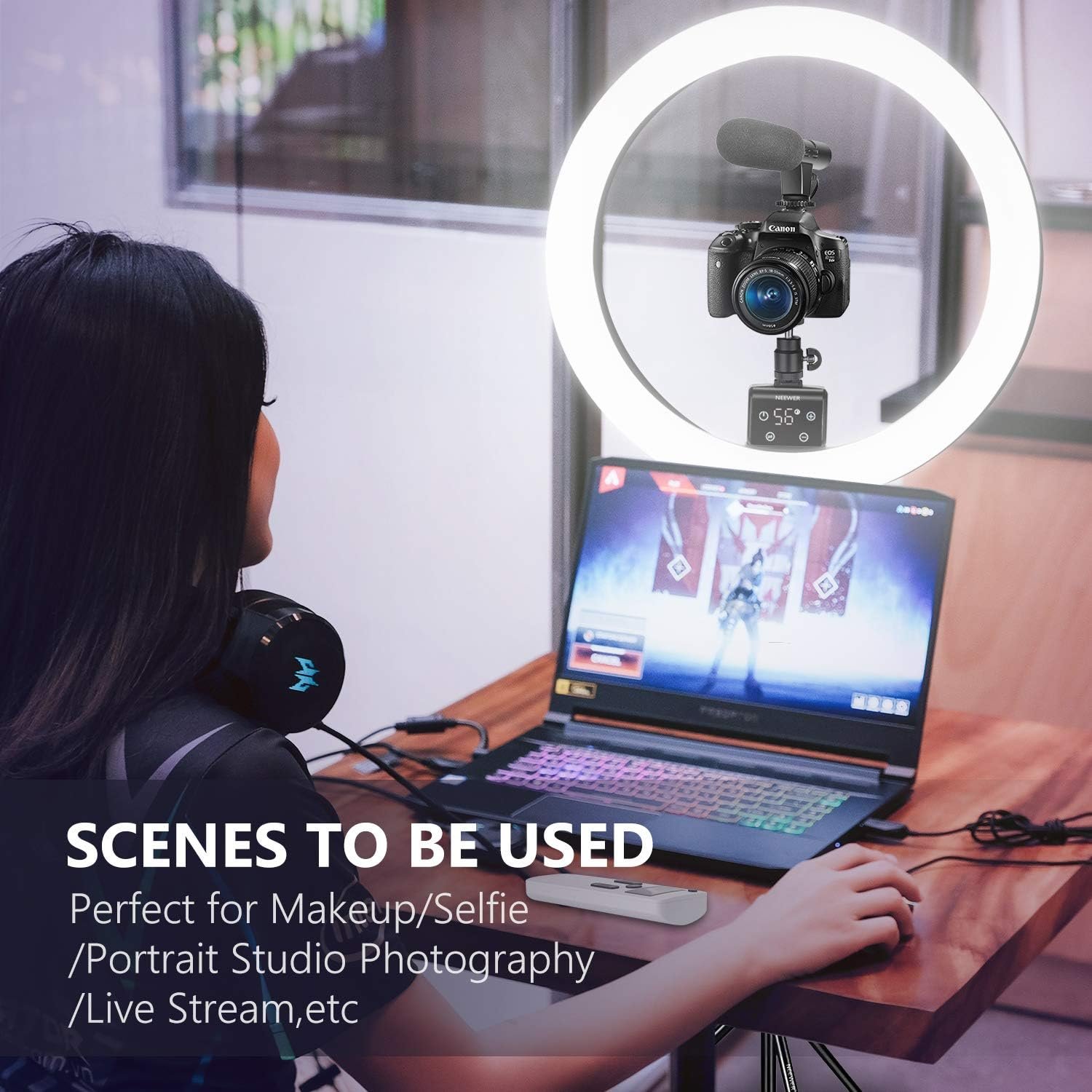Кільцева лампа Neewer SRP18-2.4G / 18 дюймів / CRI 95+ / Сенсорне та ДУ керування / 3200-5600K / Чорна, фото №7
