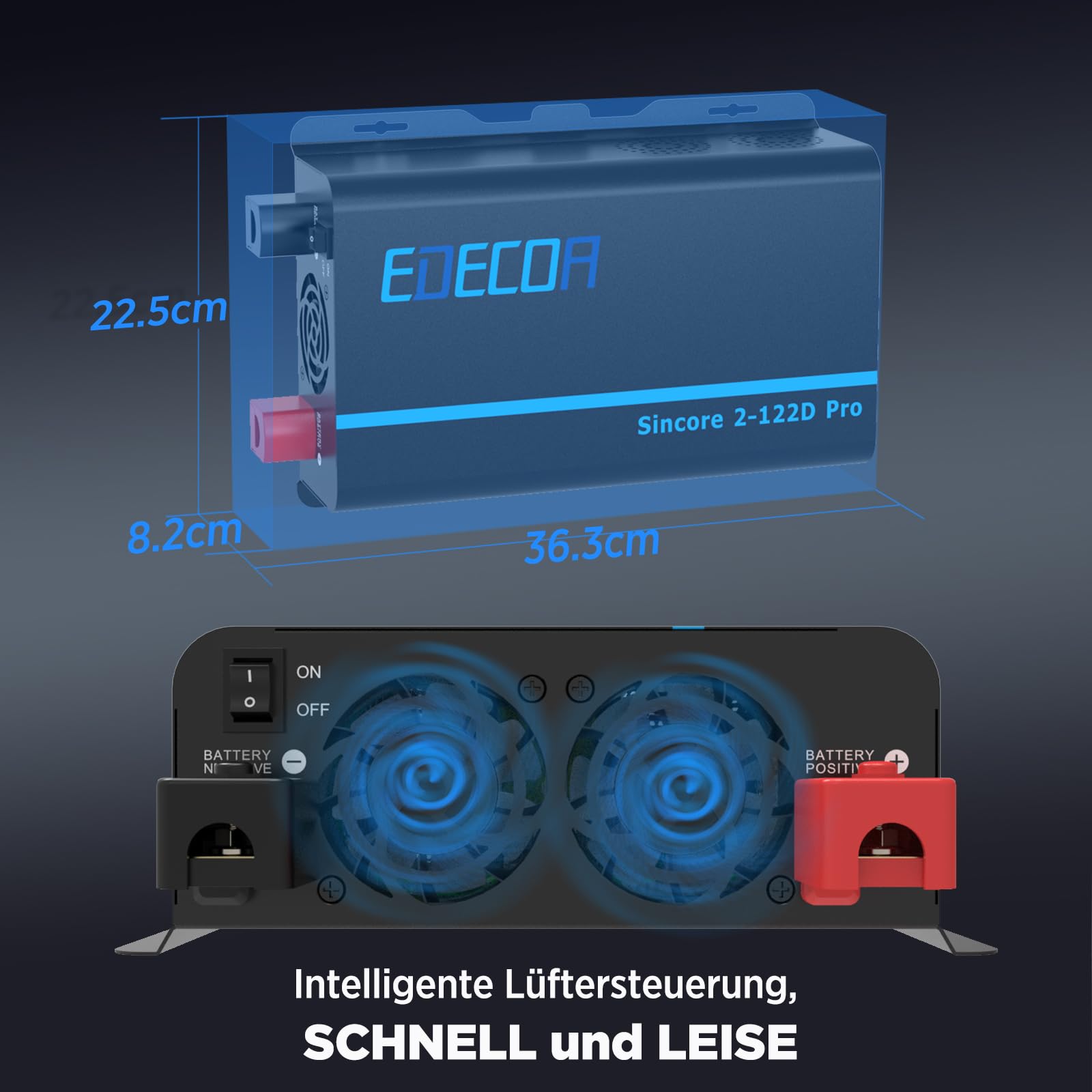 Інвертор EDECOA Перетворювач напруги Чистої Синусоїди 12 В 230 В LCD 2X USB та дистанційне керування 1200 Вт, короткочасний пік 3000 Вт, фото №5