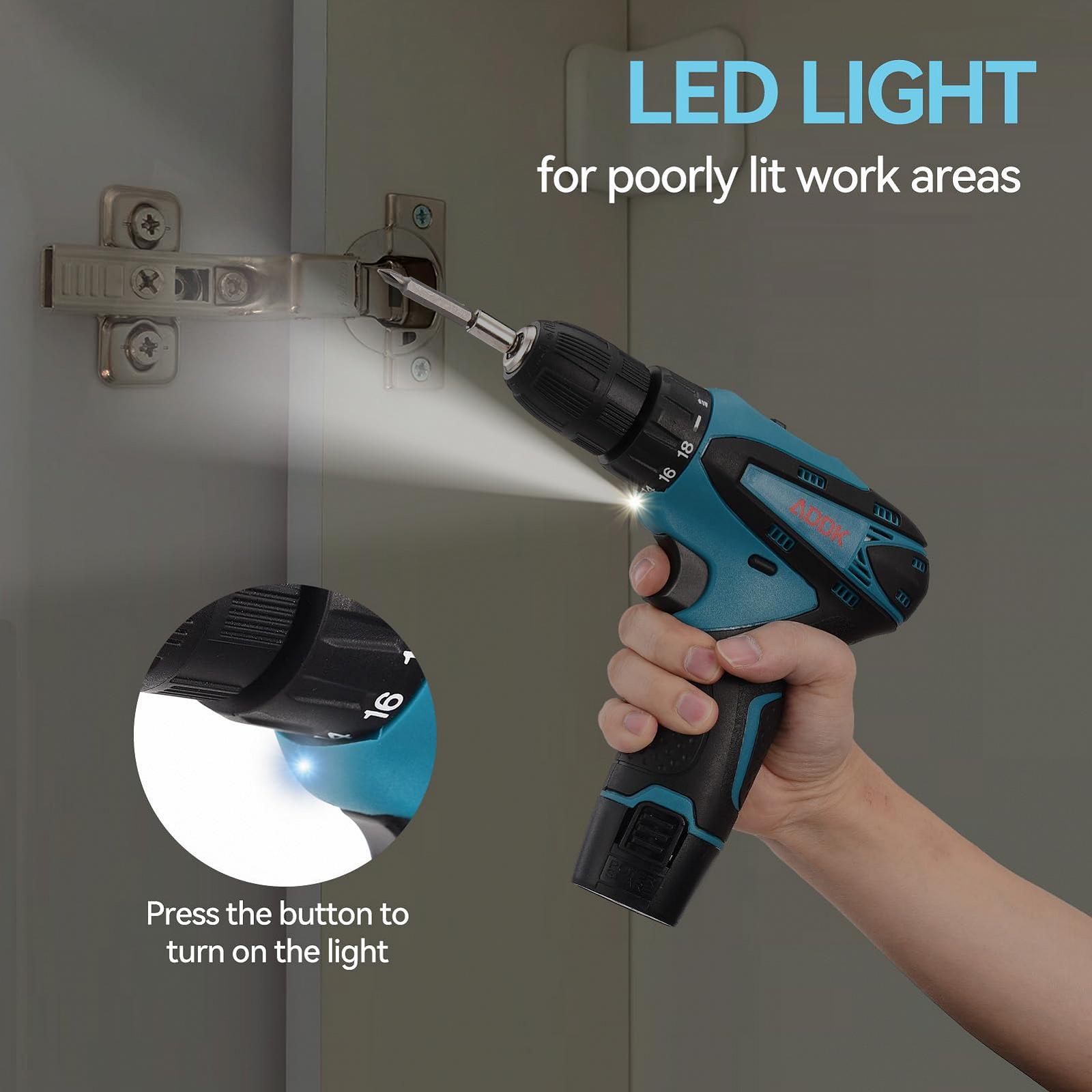 Дриль-шуруповерт belupai Cordless 12V Електрична викрутка 1 батарея 1.5Ah 2 швидкості 18+1 налаштування моменту обертання LED освітлення 30 аксесуарів і кейс для ремонту та DIY, фото №3