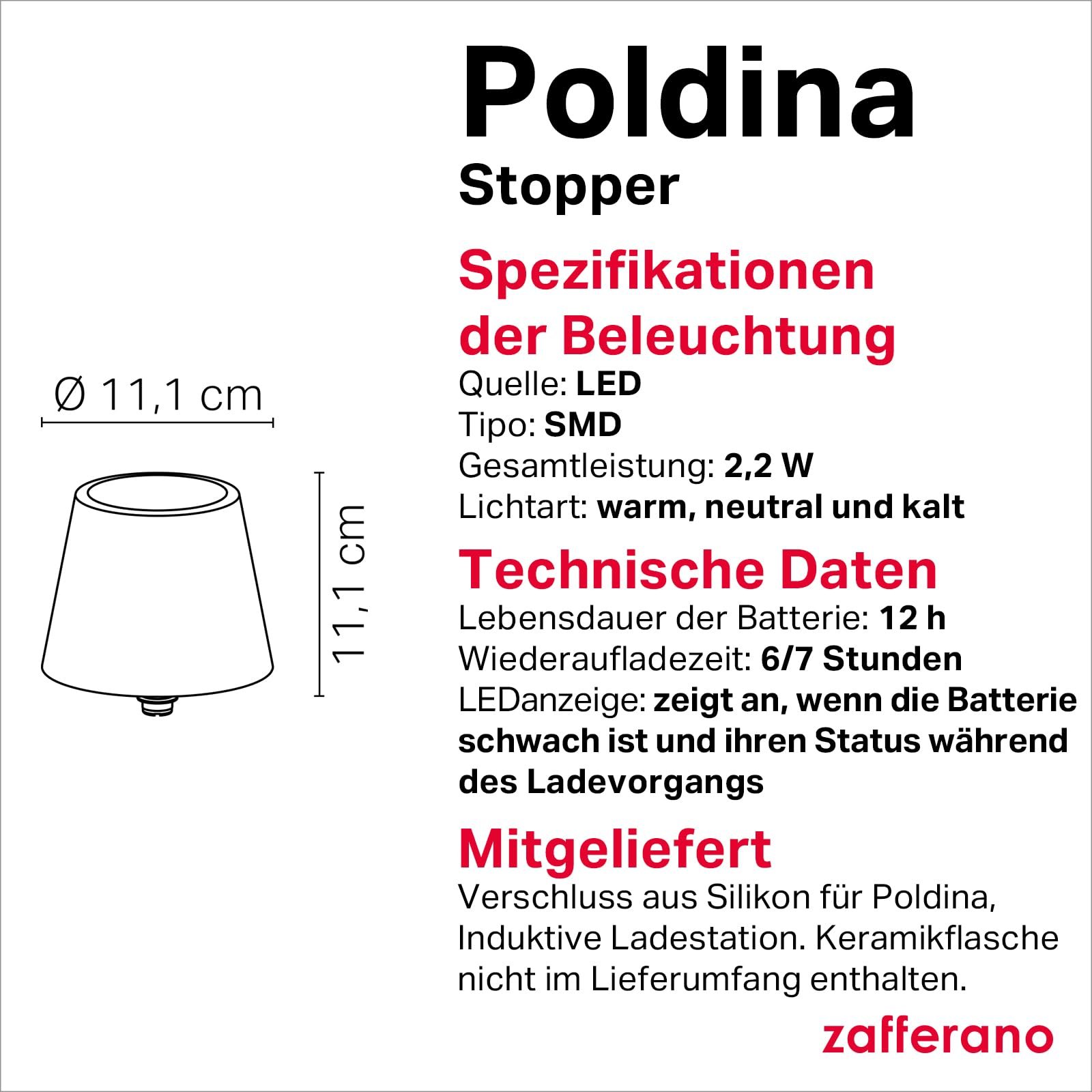 Настільна лампа Zafferano Poldina Stopper Бездротова Акумуляторна для пляшок Сенсорне керування Диммер 2200-3000 K 11 см Чорна, фото №4