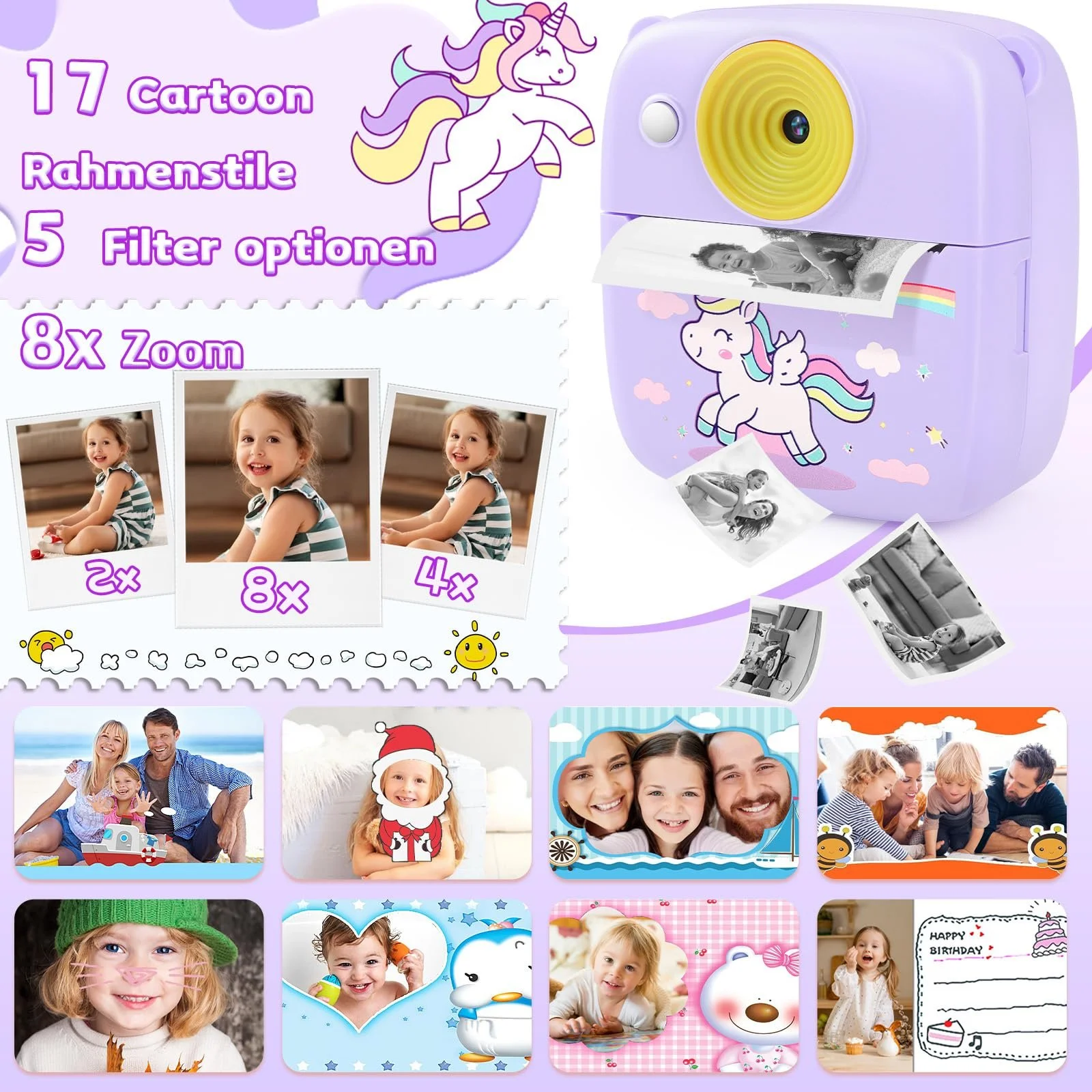 Детская цифровая фотокамера мгновенной печати 48MP 1080P с бумагой для печати и картой TF 32G Пурпурная (розовая), фото №5
