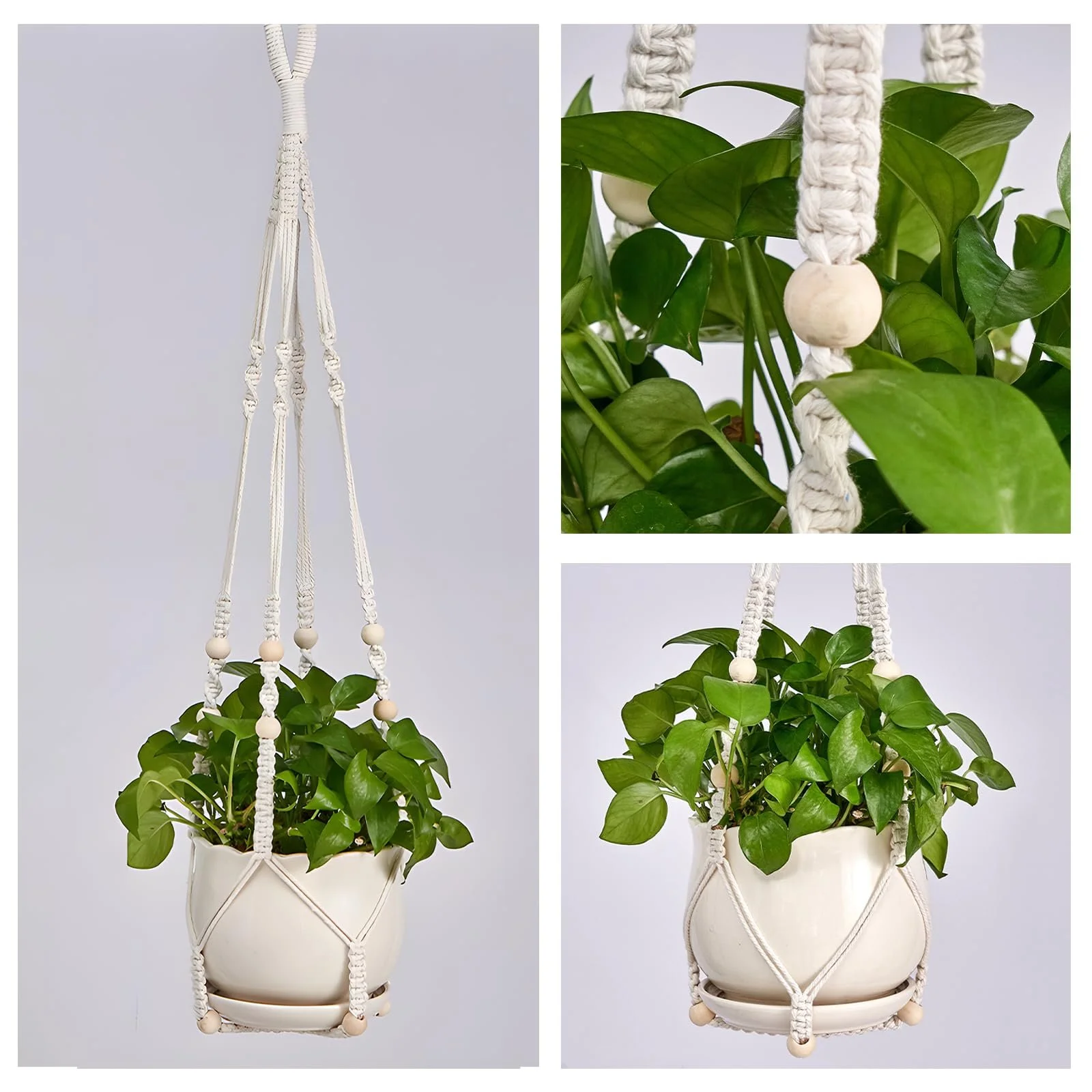 Набор подвесных корзин макраме 2 шт. 35 дюймов хлопок с крючками белый, фото №5