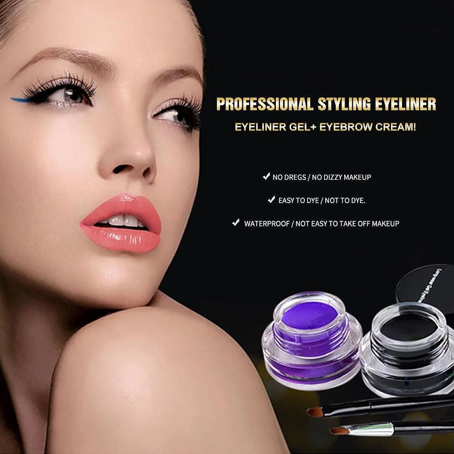 Підводка для очей Подвійна Кольорова Водостійка з 2 пензликами Чорний x 2, фото №2