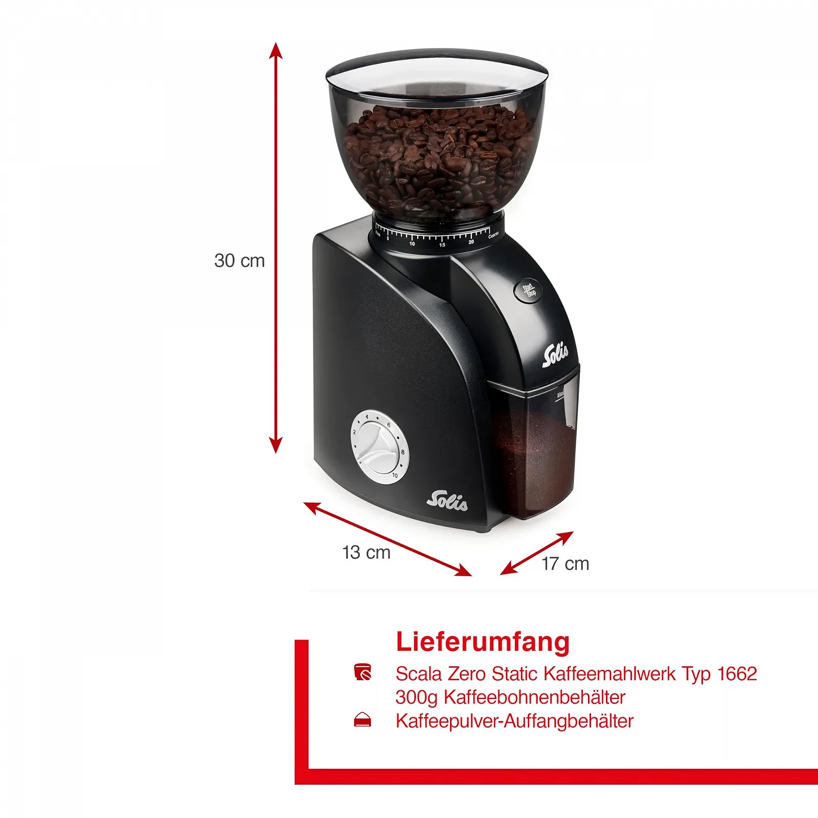 Кофемолка Solis Scala Zero Static с конической мельницей, электрическая с 24 регулируемыми уровнями помола, с контейнером для зерен на 300 г, технология Zero Static, черная, фото №6