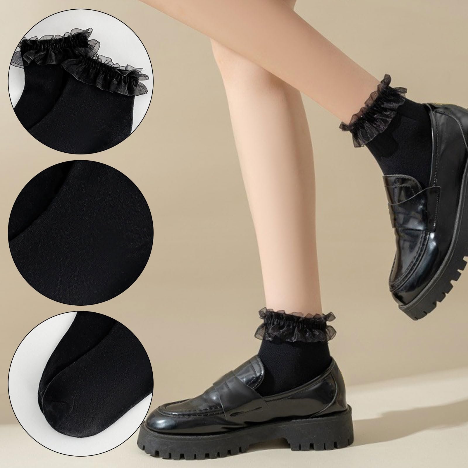Носки с рюшами (4 пары) Черный, Белый, фото №3