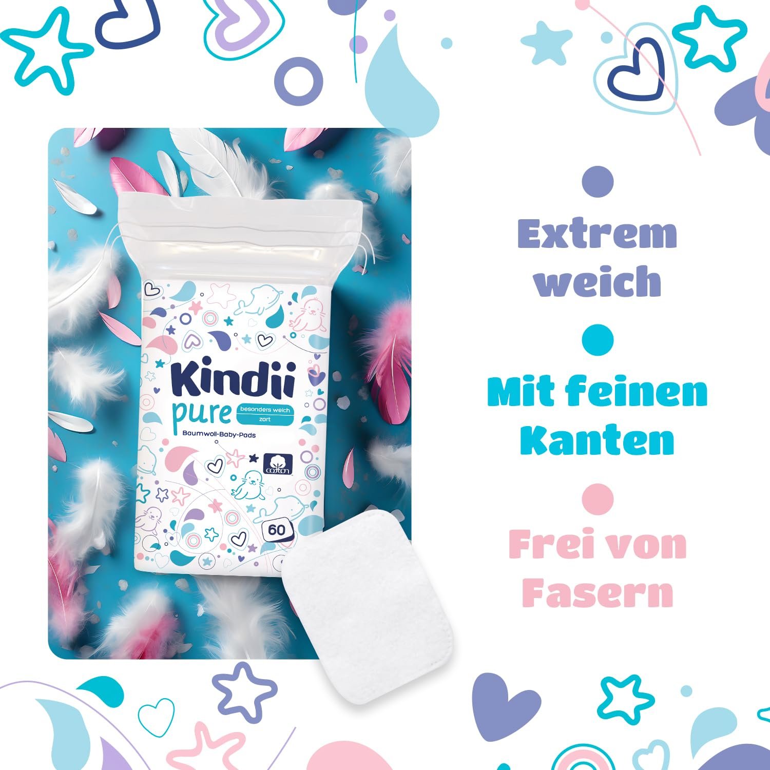 Дитячі подушечки Kindii Pure 100% бавовна Великі квадратні для чутливої шкіри 60 штук, фото №7