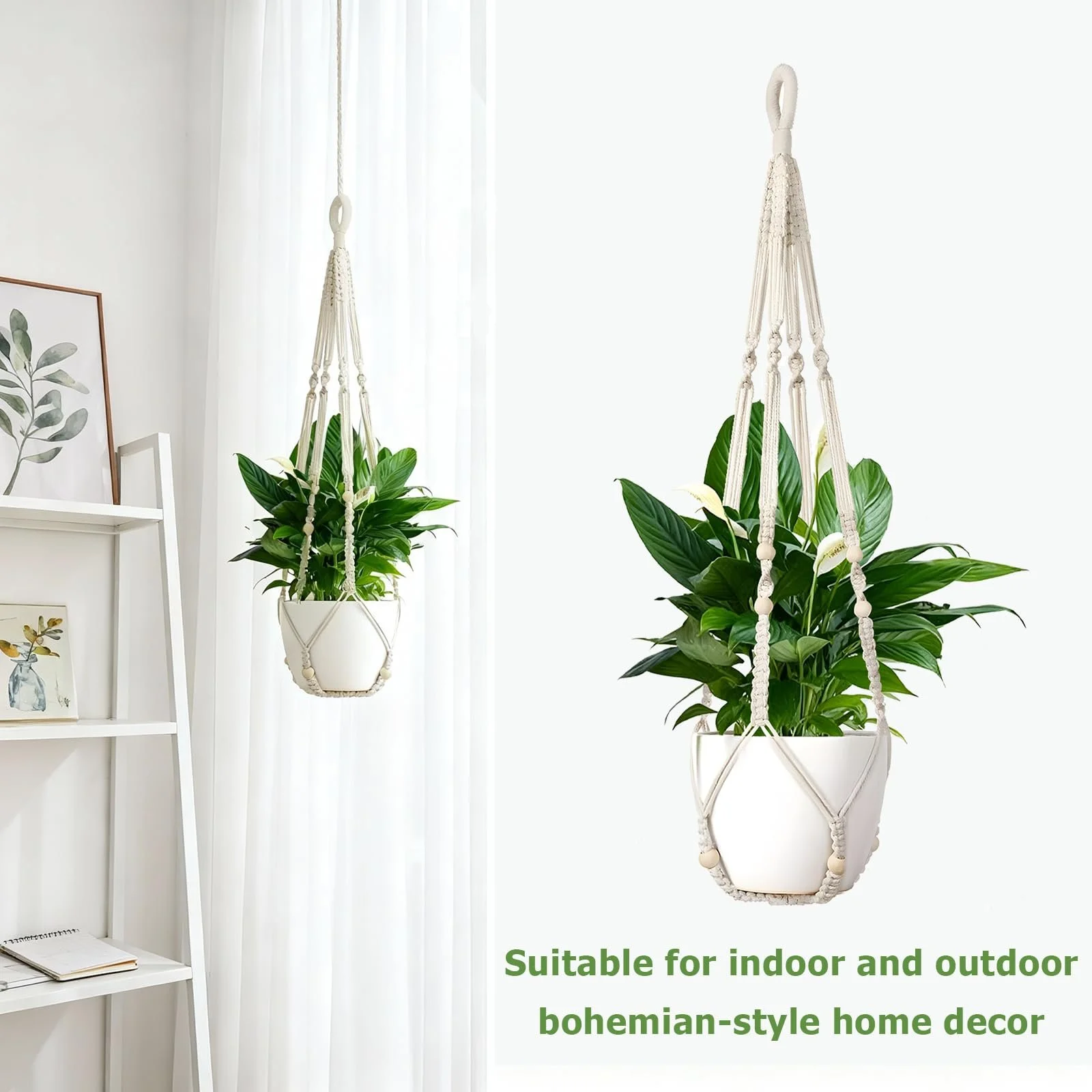 Подвесные кашпо макраме набор из 2 шт. хлопковые с крючками белые, фото №6