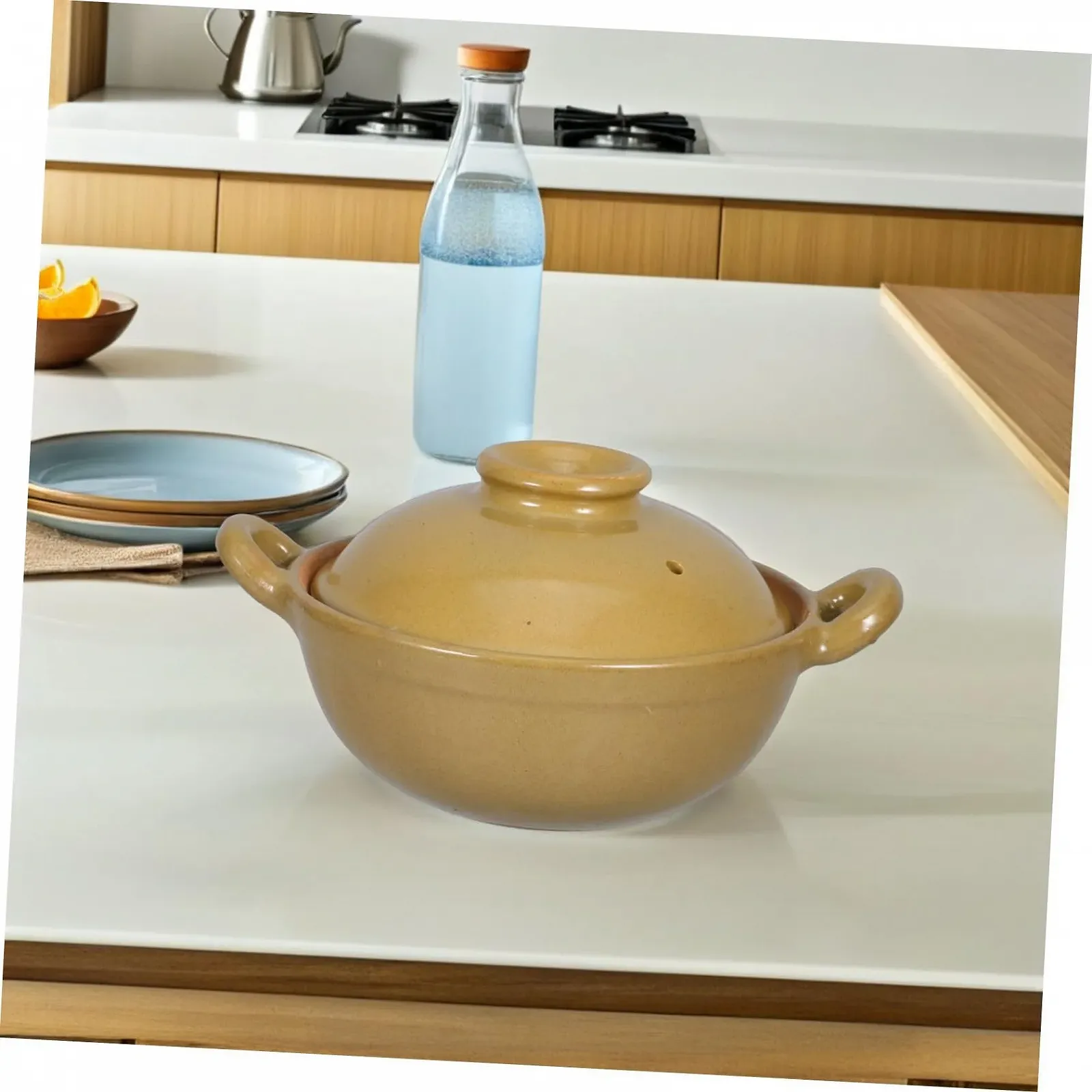 Глиняний горщик OUNONA з кришкою термостійкий з подвійними ручками, фото №5