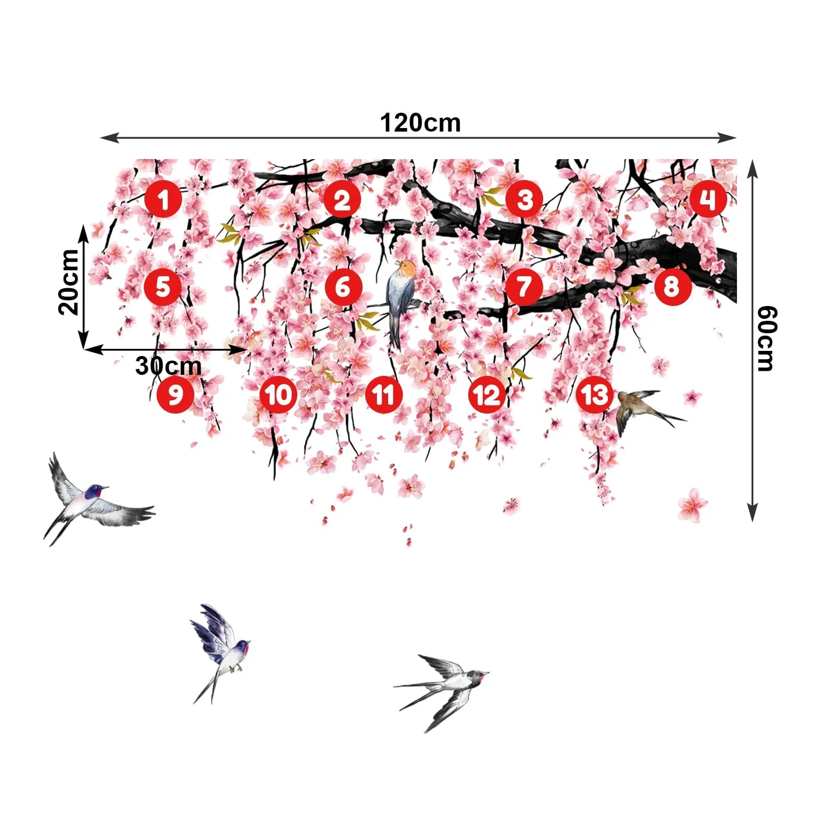 Наклейка на стіну Watercolour Cherry Blossom Birds Pink Tree Branch велика Рожевий, фото №7