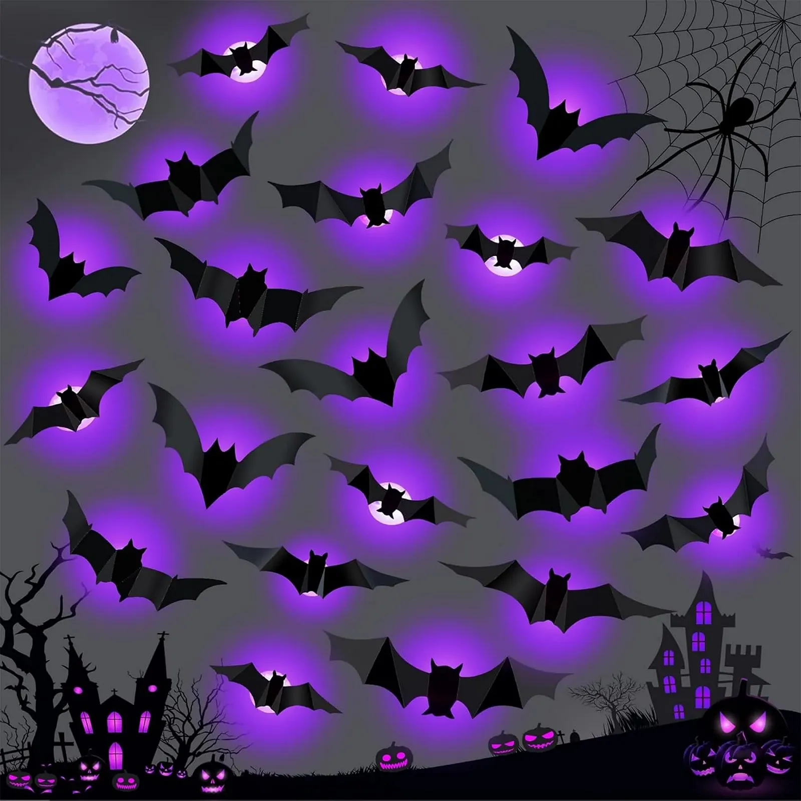 Наклейки на стіну Кажани 24 шт. LED Фіолетові 3D Хелловін, фото №1