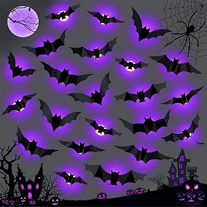 Наклейки на стіну Кажани 24 шт. LED Фіолетові 3D Хелловін - Фото 1