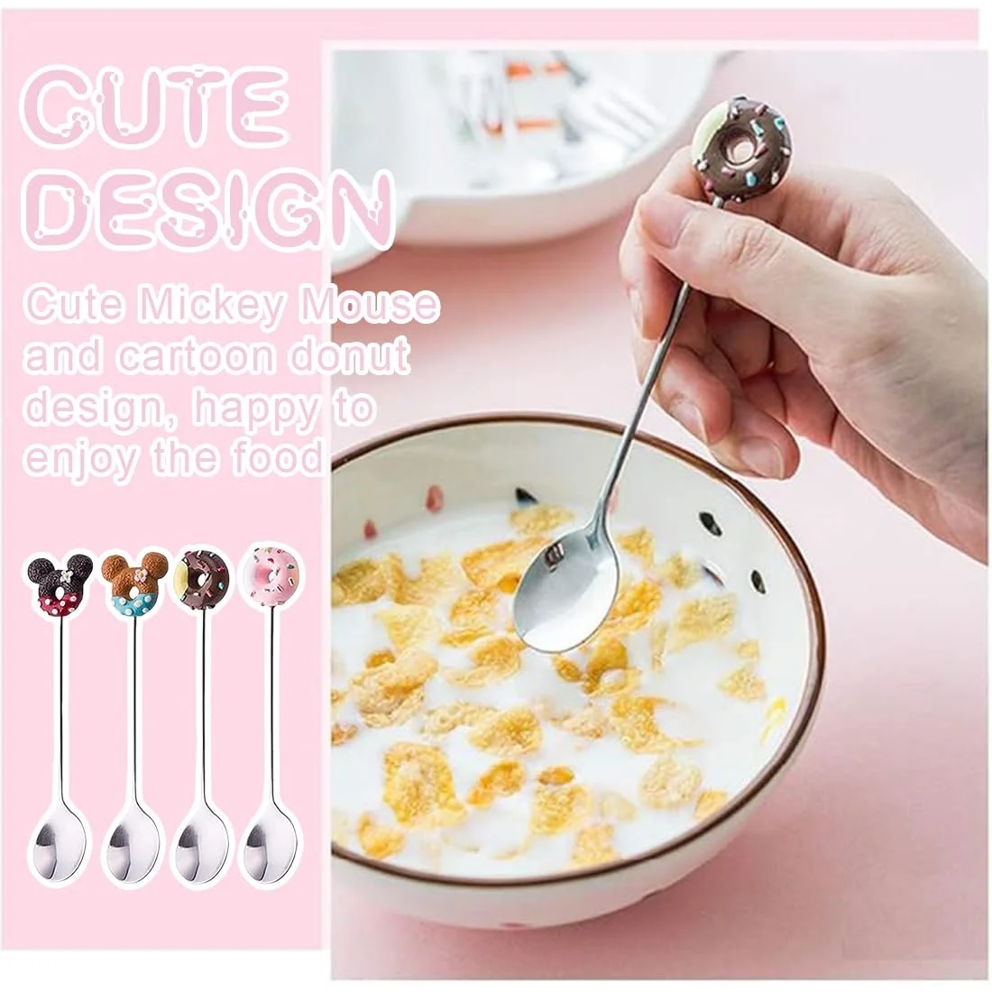 Набір ложок Cute, Кавові з нержавіючої сталі у формі пончиків та мультяшної мишки, бронзові, фото №4