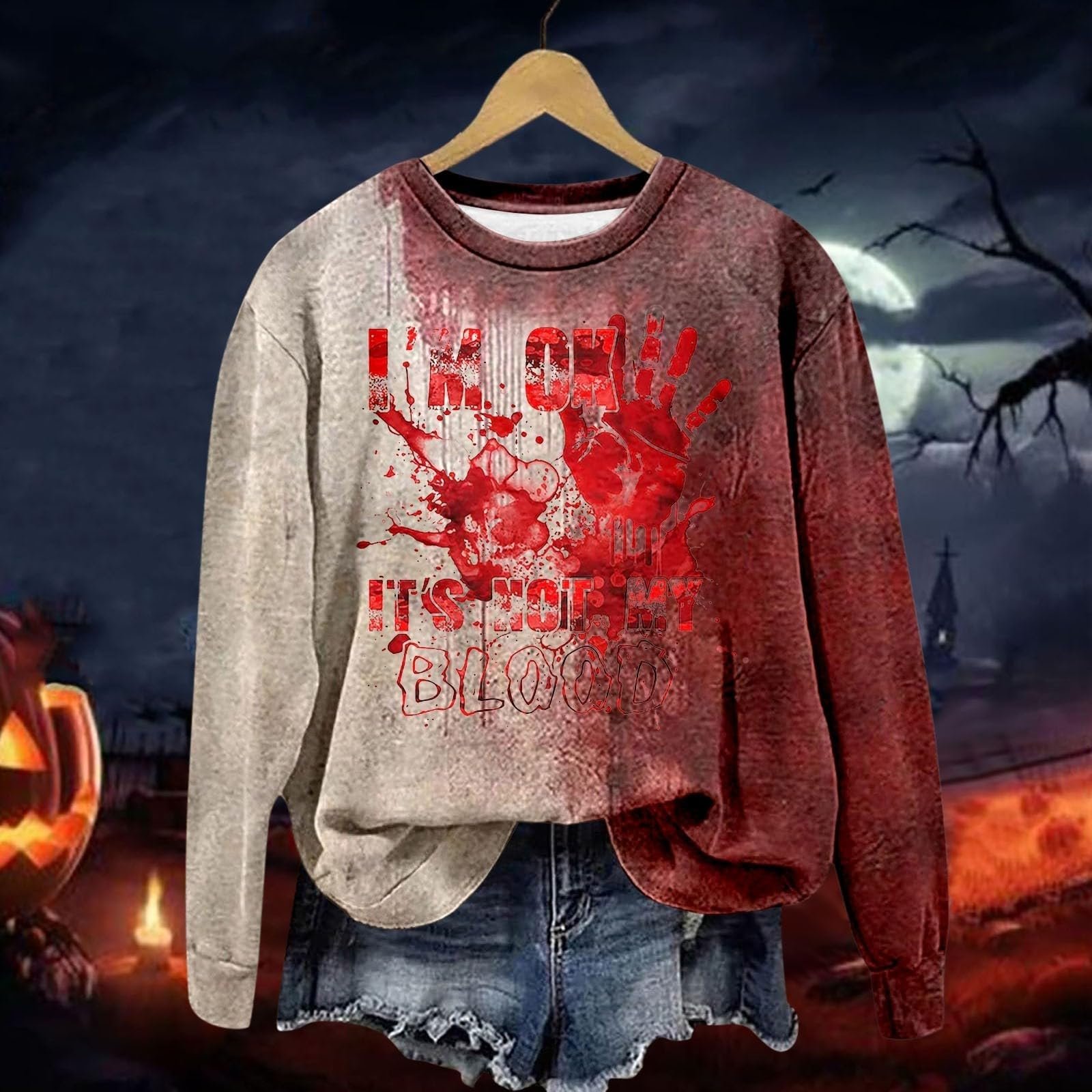 Хэллоуин Свитшот I'm Fine Пуловер с кровавым принтом, Рубашка на Хэллоуин с длинным рукавом и круглым вырезом, Свободный свитер с принтом "Problem Gelöst I'm Fine" для женщин, фото №4 Хэллоуин Свитшот I'm Fine Пуловер с кровавым принтом, Рубашка на Хэллоуин с длинным рукавом и круглым вырезом, Свободный свитер с принтом "Problem Gelöst I'm Fine" для женщин, фото №4