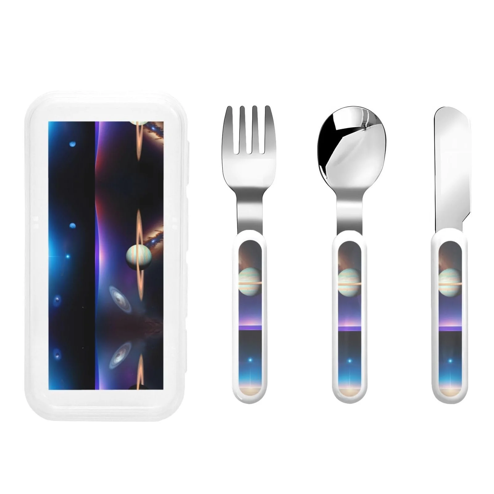 Набор детских столовых приборов с принтом Cosmic Saturn, три предмета, для детского сада, многоразовый, фото №1 Набор детских столовых приборов с принтом Cosmic Saturn, три предмета, для детского сада, многоразовый, фото №1