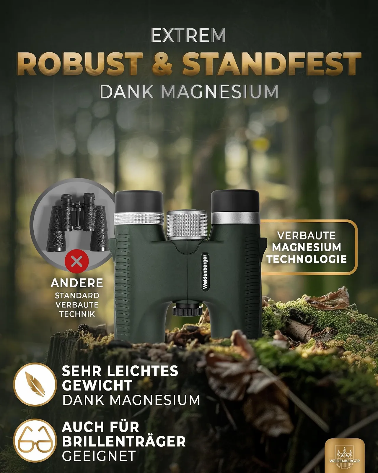 Бинокль Weidenberger 10 x 26 Магниевый Водонепроницаемый Зеленый, фото №2