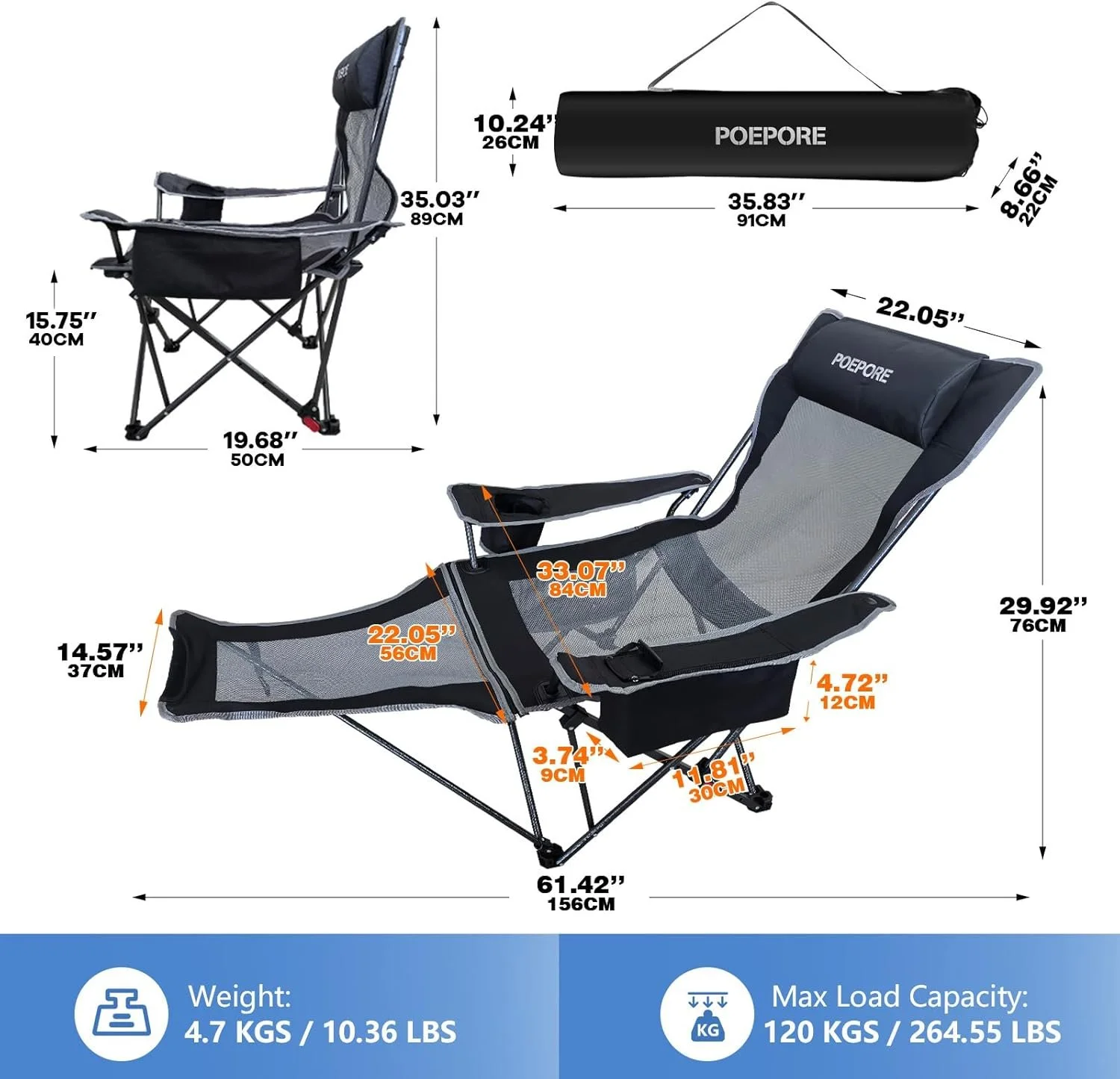 Розкладне крісло для кемпінгу POEPORE / 2 шт. / до 120 кг / Чорно-сірий, фото №2 Розкладне крісло для кемпінгу POEPORE / 2 шт. / до 120 кг / Чорно-сірий, фото №2