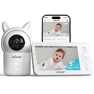Відеоняня ieGeek 1080P WiFi 5 дюймів PTZ 355° 4-кратний зум Датчик руху/шуму Датчик температури та вологості Нічне бачення - Фото 1