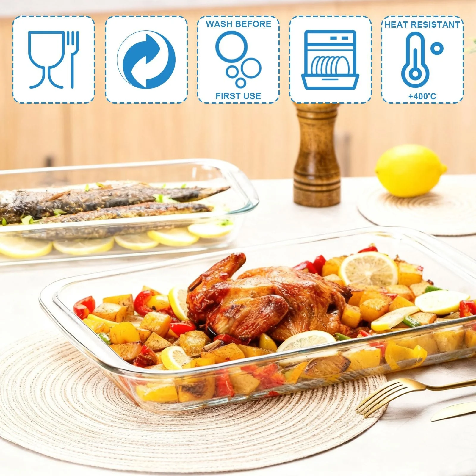 Форма для запекания стеклянная прямоугольная 25.7 x 14.8 x 4.5 cm для лазаньи с ручками прозрачная, фото №3