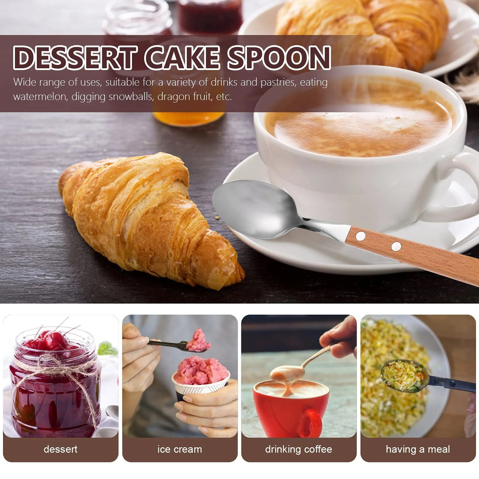 Набір з 5 десертних ложок з нержавіючої сталі з дерев'яними ручками, фото №7