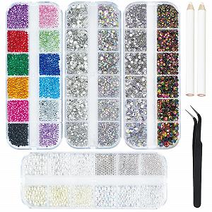 Стразы для ногтей 7200 шт., Блестящие разноцветные камни, жемчуг, бриллианты с пинцетом и ручкой для раскладывания страз, украшения для ногтей - Фото 1