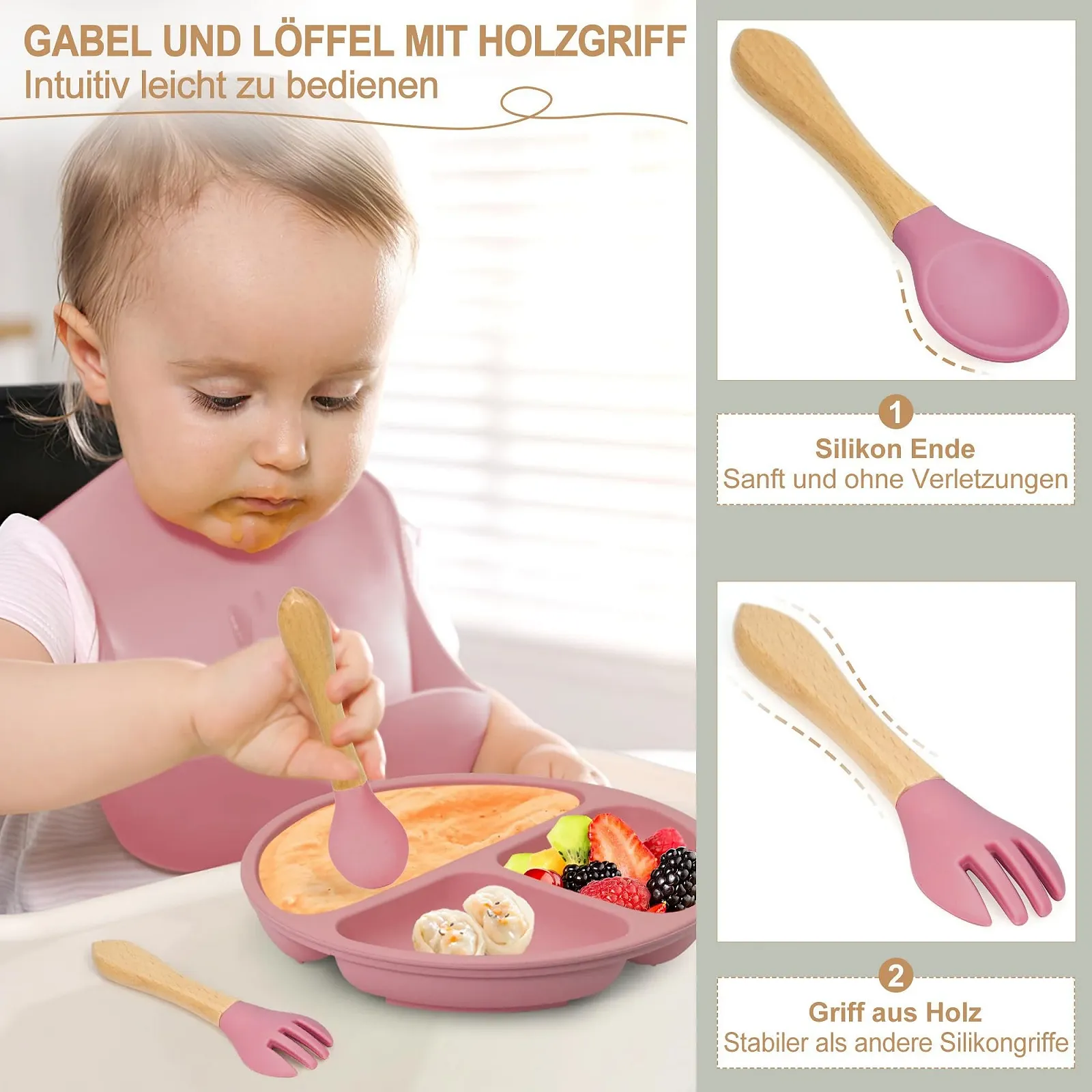 Набір дитячого посуду MOJINL з силікону, нековзний з присоскою, 7 предметів, без BPA з ложкою, виделкою, мискою, слинявчиком, дитячою чашкою, чашкою для пиття та тарілкою, фото №5 Набір дитячого посуду MOJINL з силікону, нековзний з присоскою, 7 предметів, без BPA з ложкою, виделкою, мискою, слинявчиком, дитячою чашкою, чашкою для пиття та тарілкою, фото №5