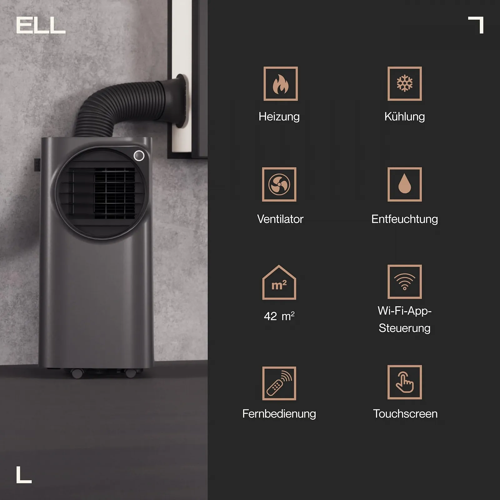 Мобільний кондиціонер 4-в-1 ELL Atmos 12000 BTU охолодження 9000 BTU обігрів Wi-Fi Сірий антрацит, фото №2