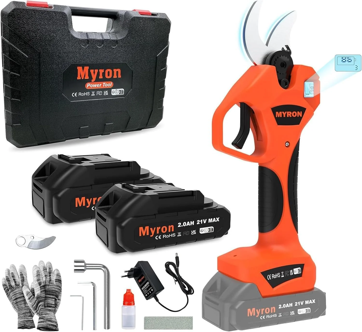 Електричний секатор MYRON Professional 21 V, 2 x 2.0Ah акумулятори, діаметр різу 40 мм, фото №1