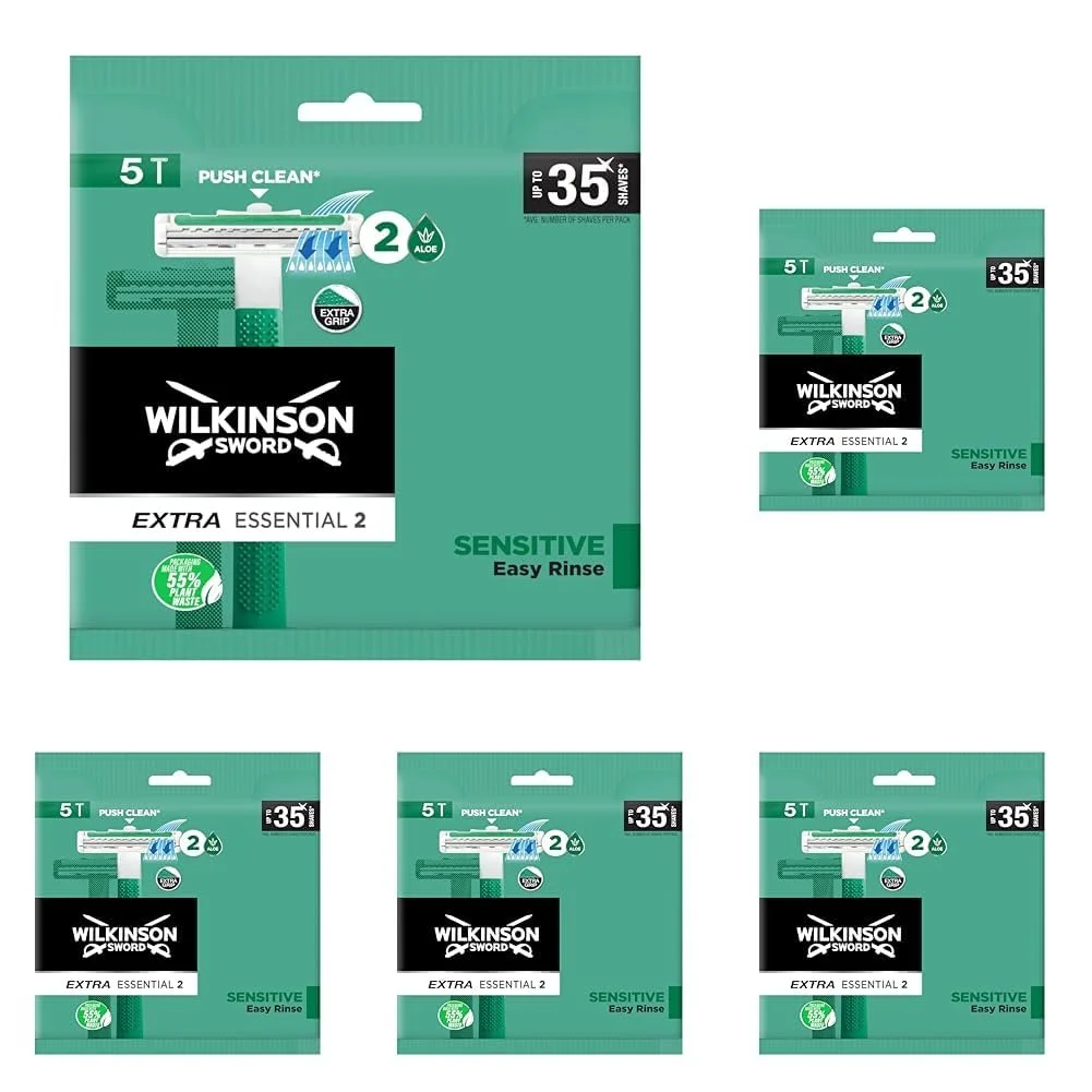 Одноразовые бритвы Wilkinson Sword Extra Essential 2 Sensitive (5 шт., упаковка из 5 шт.), фото №1 Одноразовые бритвы Wilkinson Sword Extra Essential 2 Sensitive (5 шт., упаковка из 5 шт.), фото №1