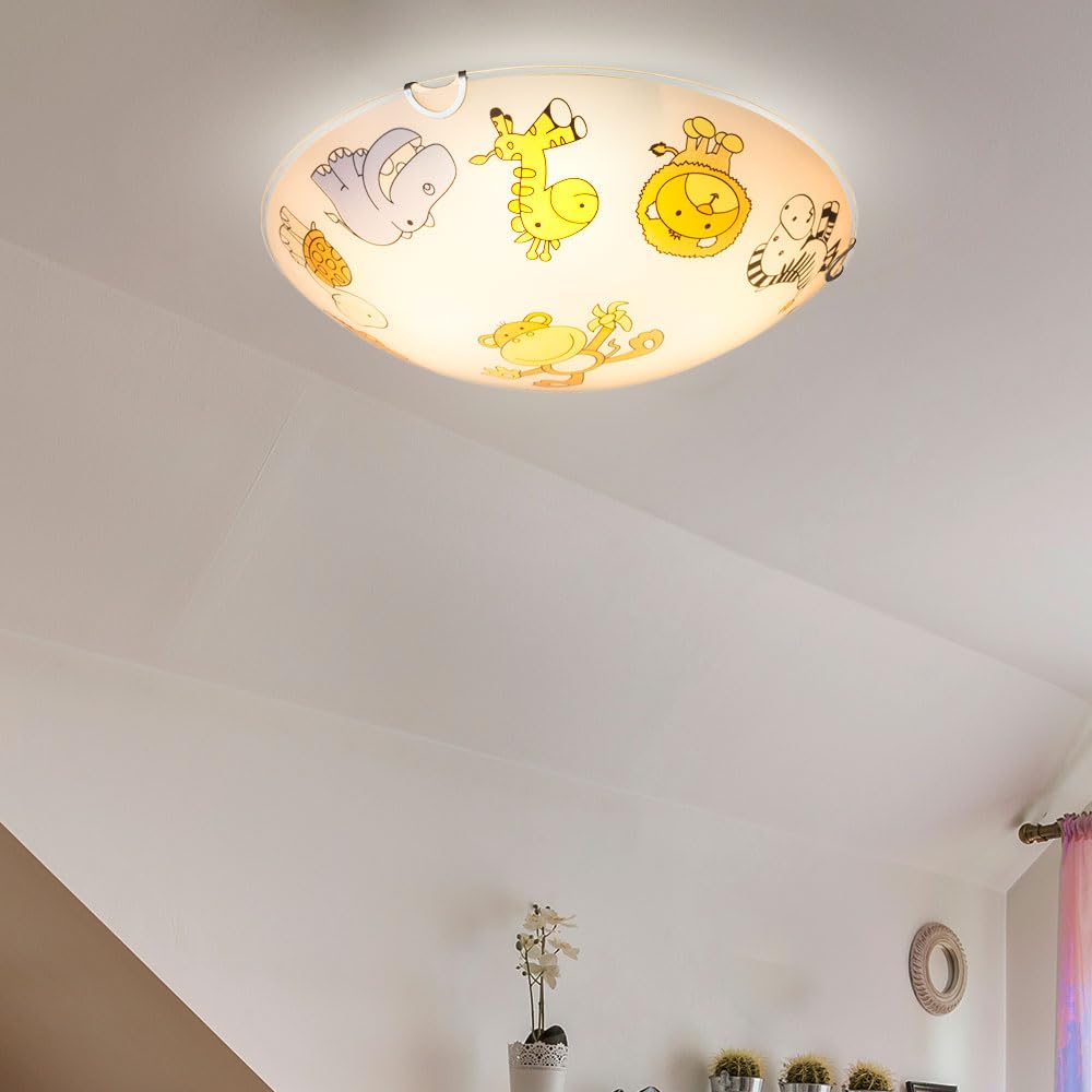 Лампа GLOBO LIGHTING Kinderleuchte Deckenlampe скло, дзеркальна, кольорове скло з зображеннями тварин 2x E27 30x6,5 см, фото №2 Лампа GLOBO LIGHTING Kinderleuchte Deckenlampe скло, дзеркальна, кольорове скло з зображеннями тварин 2x E27 30x6,5 см, фото №2
