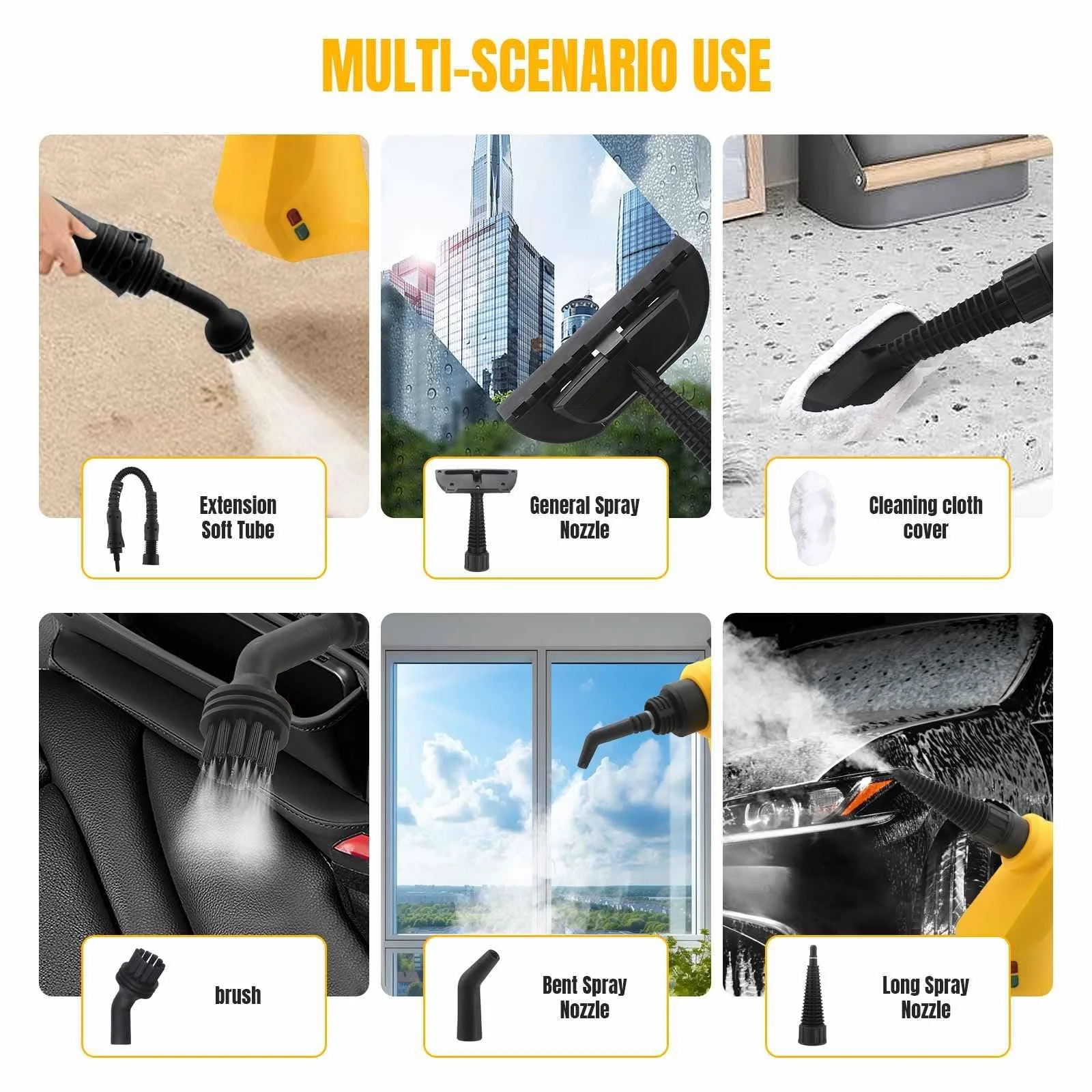 Ручной пароочиститель 1000 W 3.0 Bar 350 ml с 9 аксессуарами для дома и автомобиля, фото №7