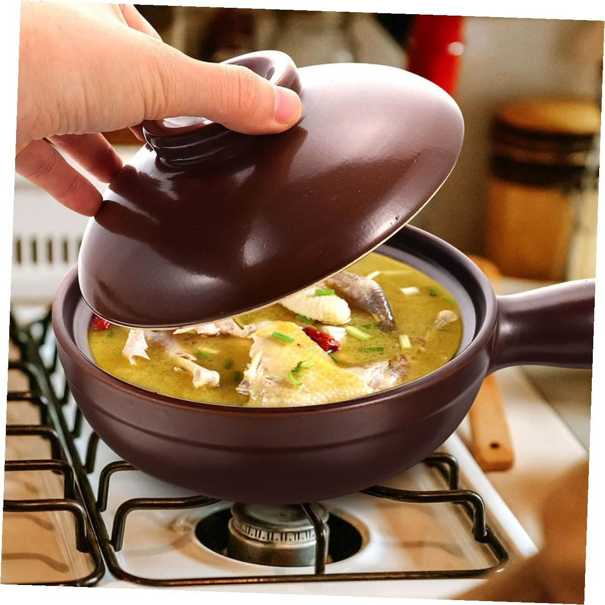 Кастрюля Toyvian керамическая маленькая с двойными ручками антипригарная многофункциональная для плиты и супов с крышкой, фото №3