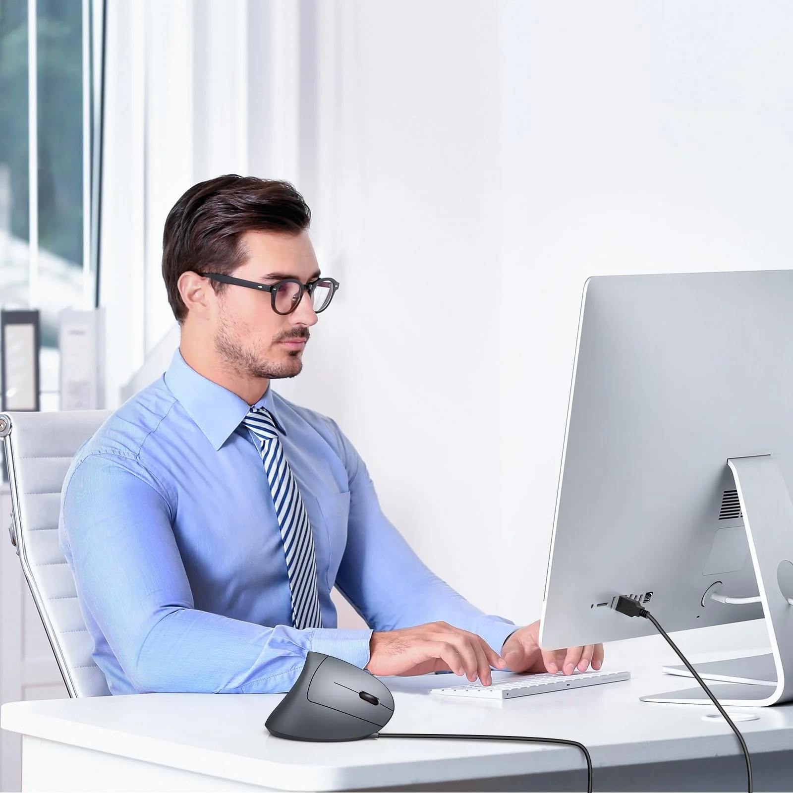 Миша TECKNET вертикальна оптична ергономічна 6400 DPI 6 кнопок LED підсвічування USB кабель сірий, фото №7