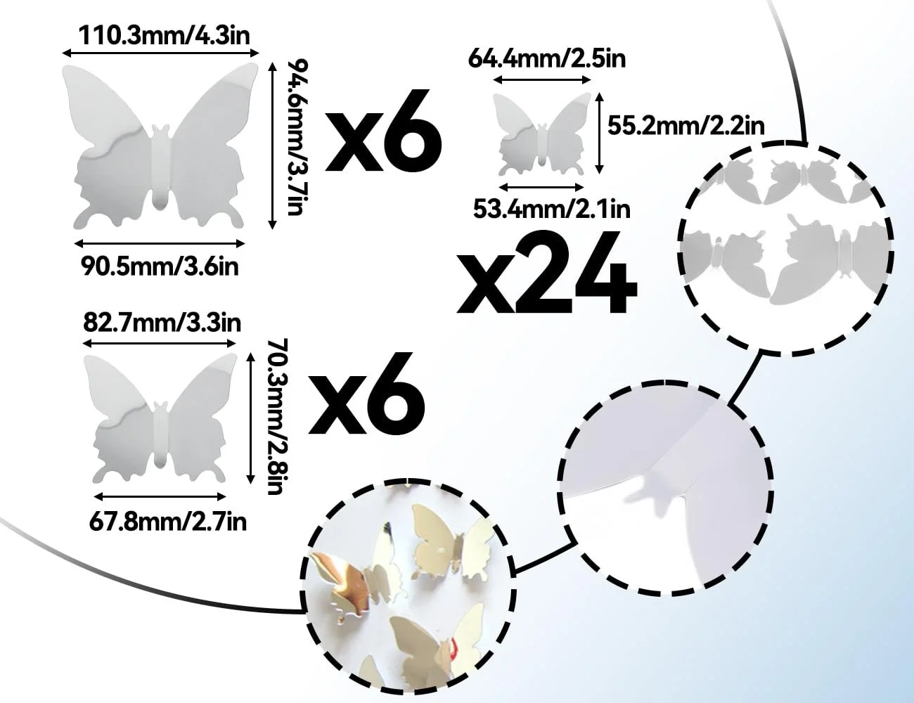 Наклейки на стіну Метелики Набір 36 шт. Дзеркальні Сріблясті, фото №2 Наклейки на стіну Метелики Набір 36 шт. Дзеркальні Сріблясті, фото №2