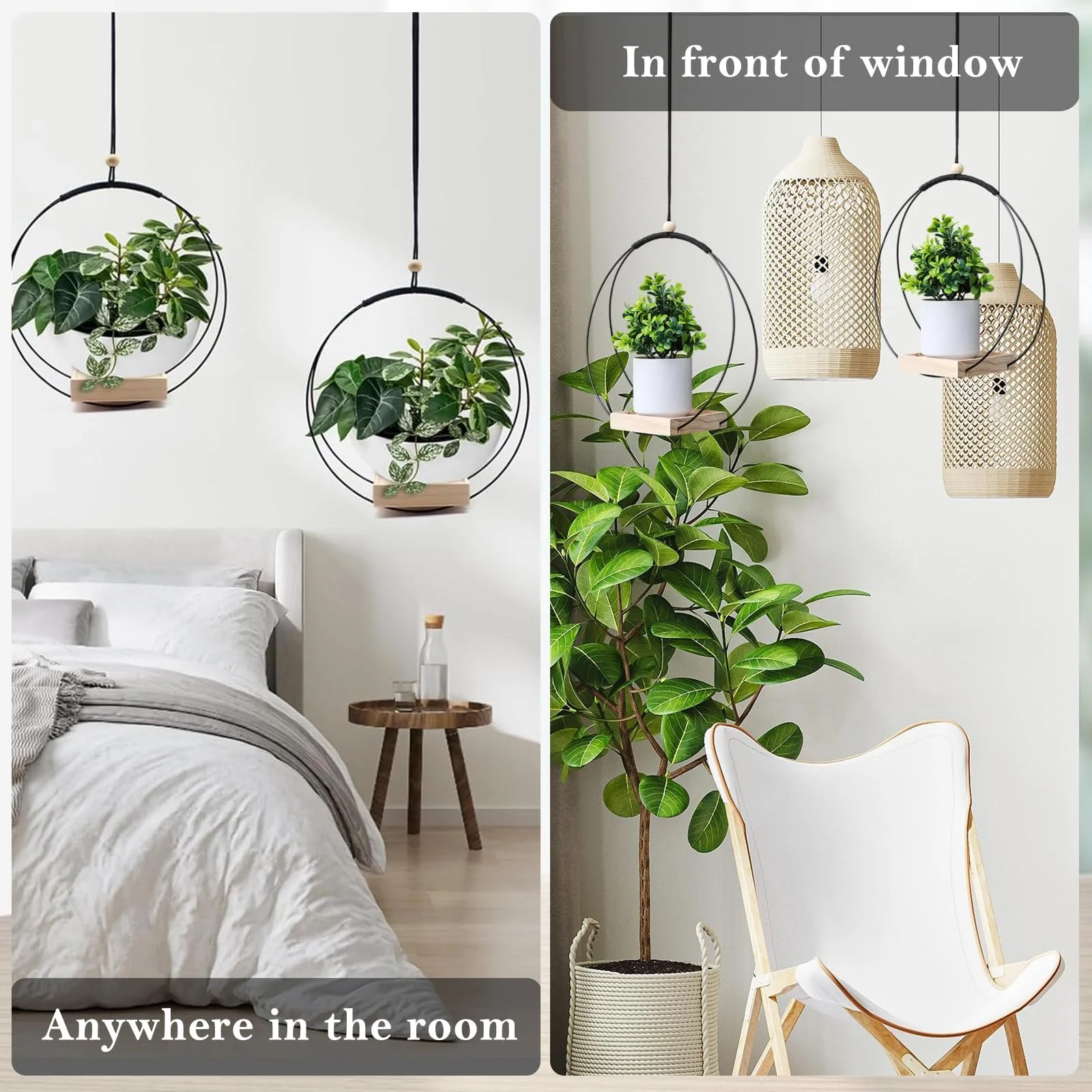 Підвісний квітковий горщик 30 x 30 см з дерев'яною основою та гачком Чорний, фото №6 Підвісний квітковий горщик 30 x 30 см з дерев'яною основою та гачком Чорний, фото №6