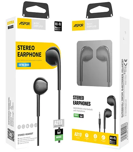 Навушники з мікрофоном Aspor A219 Stereo Earphone (3.5мм)- чорний, фото №1