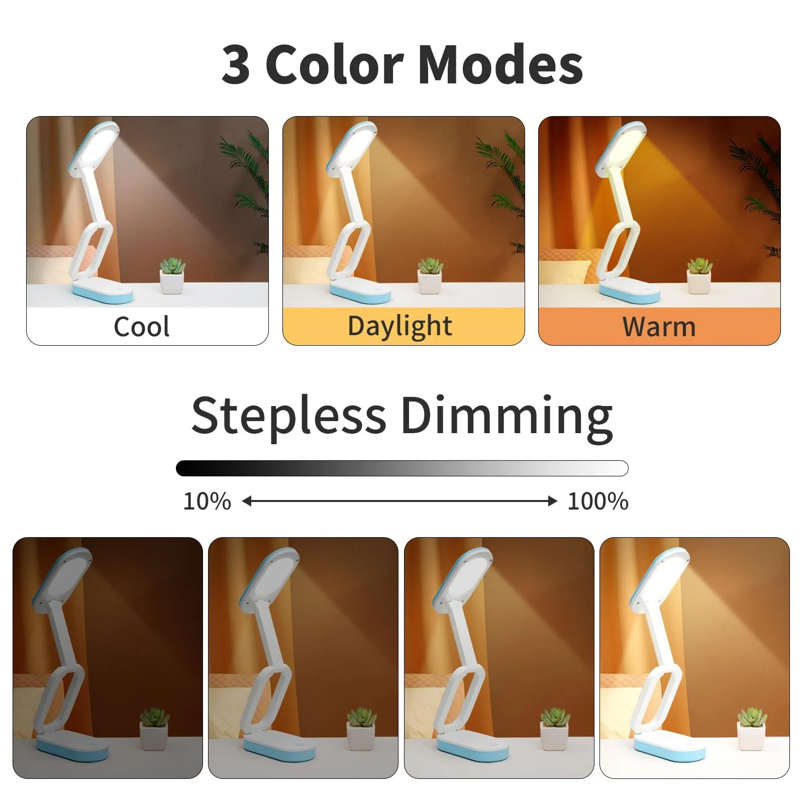 Настільна лампа Складана Акумуляторна 2400 мАг 3 кольори 10 рівнів яскравості Dimmable Чорна, фото №5