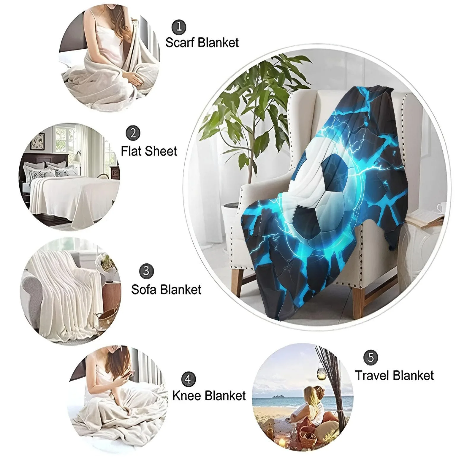 М'яка Покривало Однотонний 3D Футбольний м'яч Високоякісний фланель, Синій Чорний, 180 x 220 см, фото №7