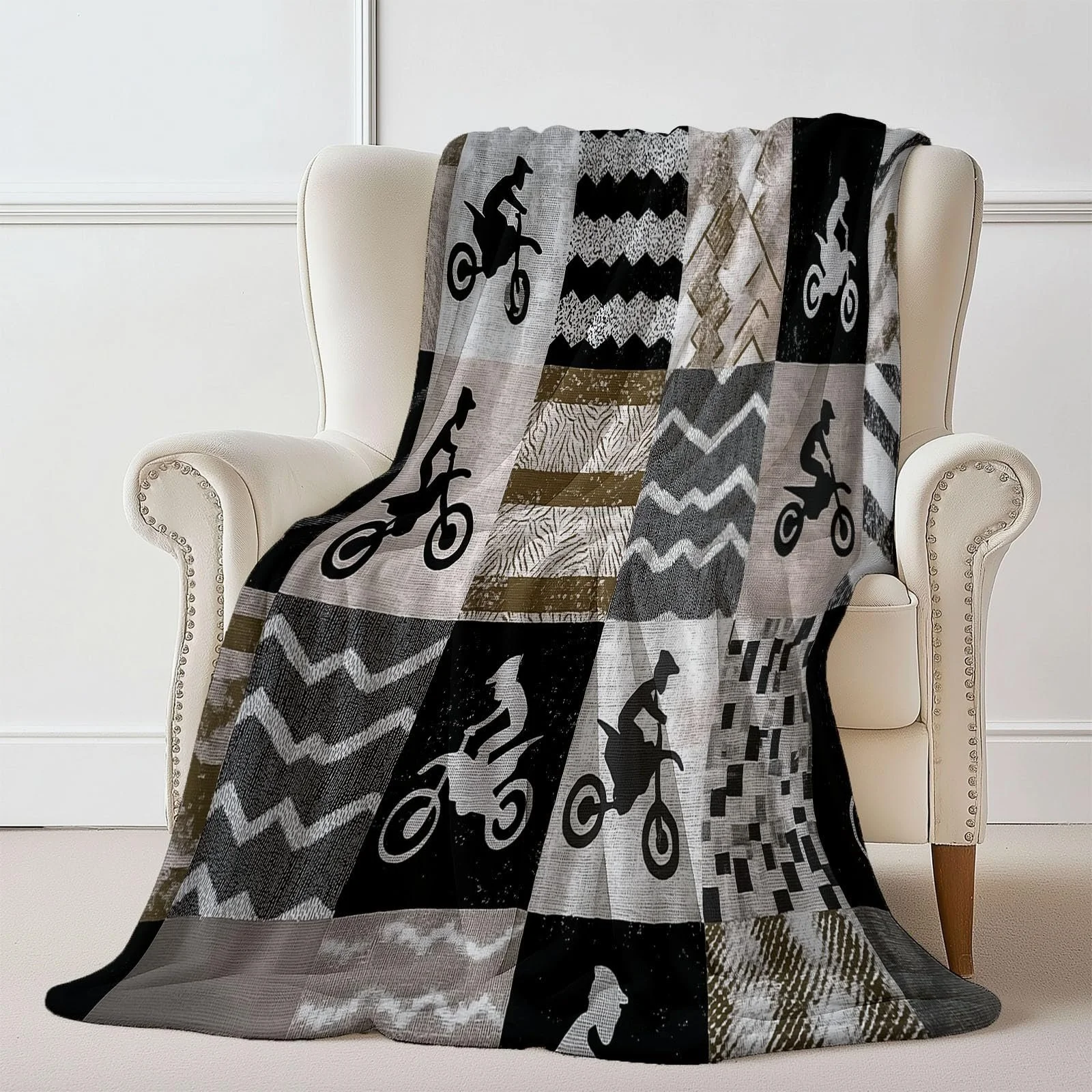 Фланелевое одеяло 180 x 220 см, Нейтральный клетчатый узор Мотоцикл Тема Декоративное одеяло для кровати Кресло Диван - Коричневое Осень и Зима Мягкое Пушистое Плюшевое одеяло, фото №5