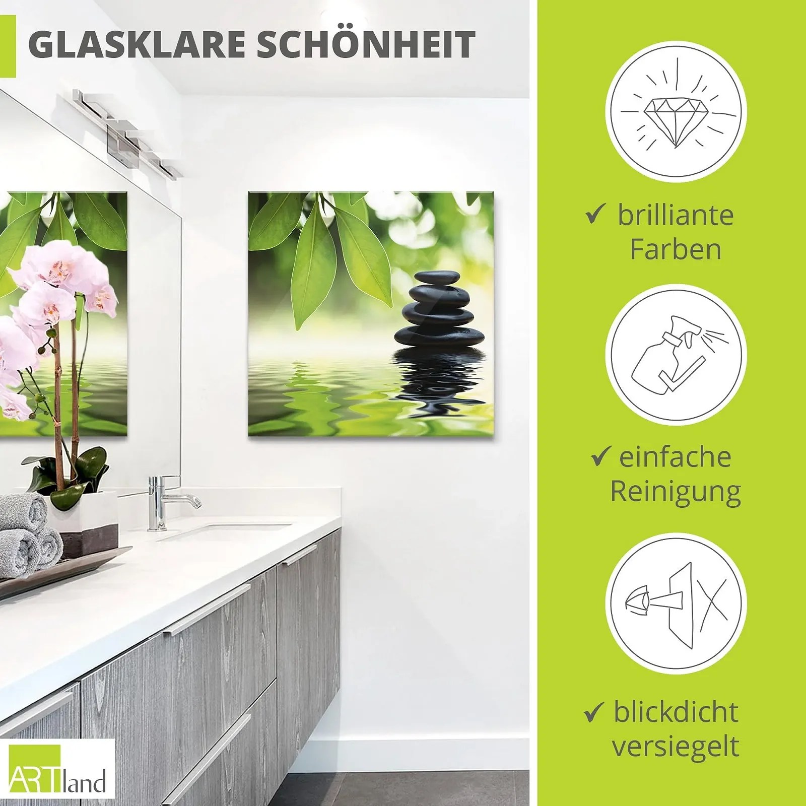 Скляна картина ARTland Asia Wellness Дзен-камені Трава Піраміда Квадратна 4 мм, фото №2