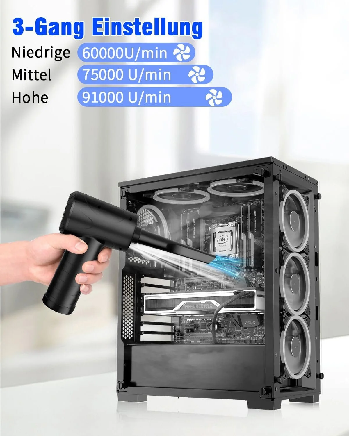 Электрическая воздуходувка 91000 RPM 3 скорости 6000 mAh с фонариком и насадками, фото №6