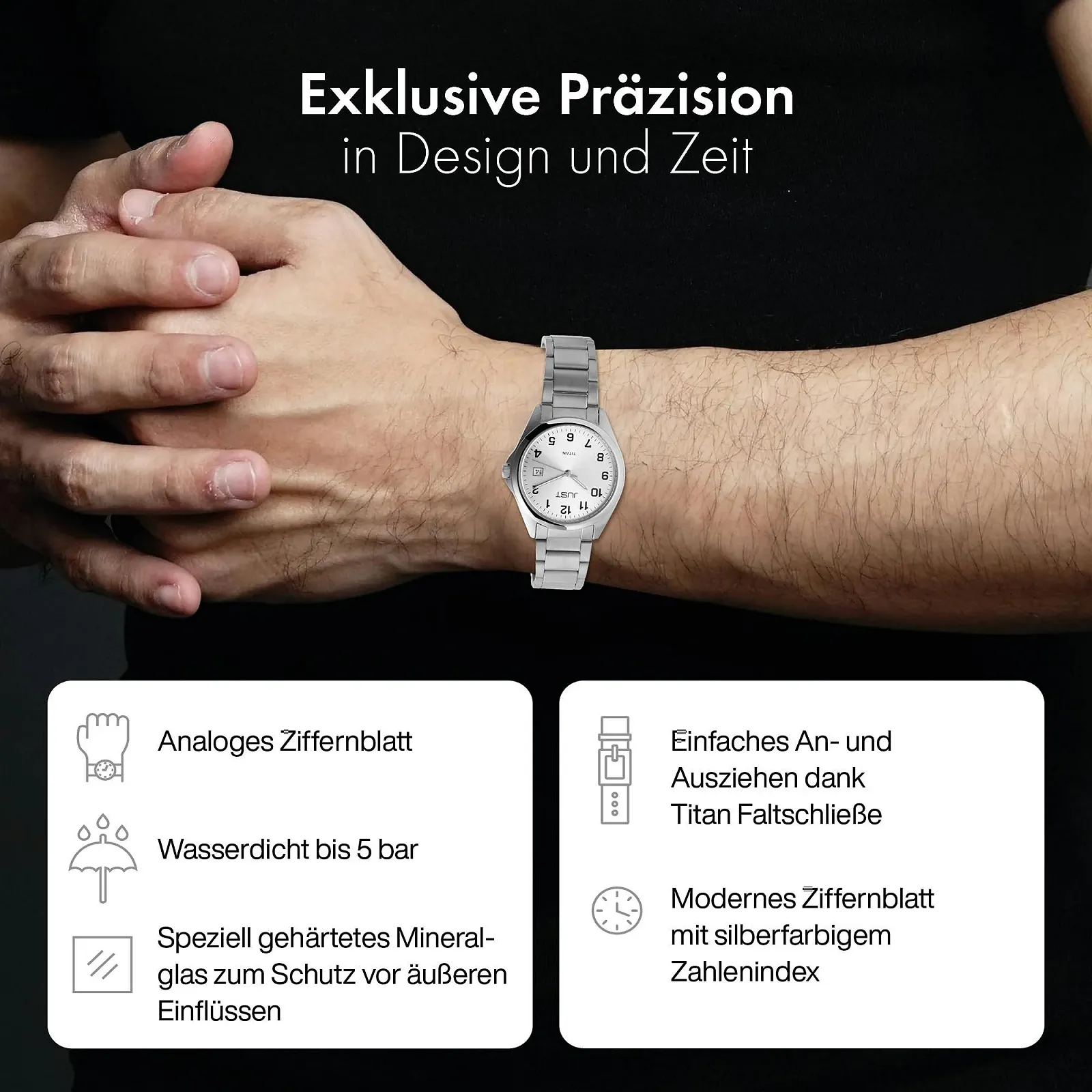 Мужские часы Just Серебряные аналоговые дата Титан Кварцевые наручные часы, разноцветный, Браслет, фото №3