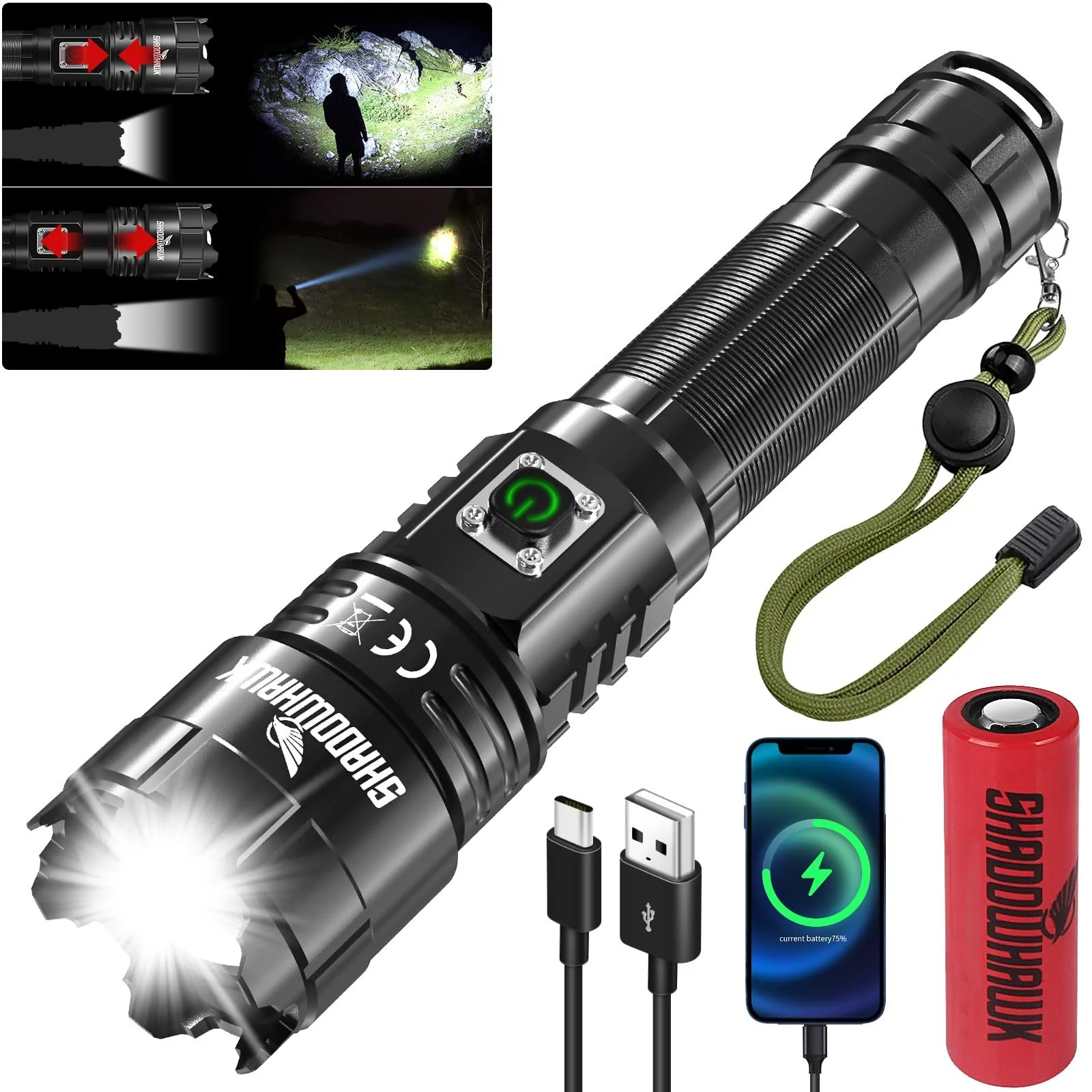 Фонарь Shadowhawk LED XHP70.2 S9322 500000 люмен, тактический, перезаряжаемый, водонепроницаемый IP67, 5 режимов, масштабируемый, фото №1