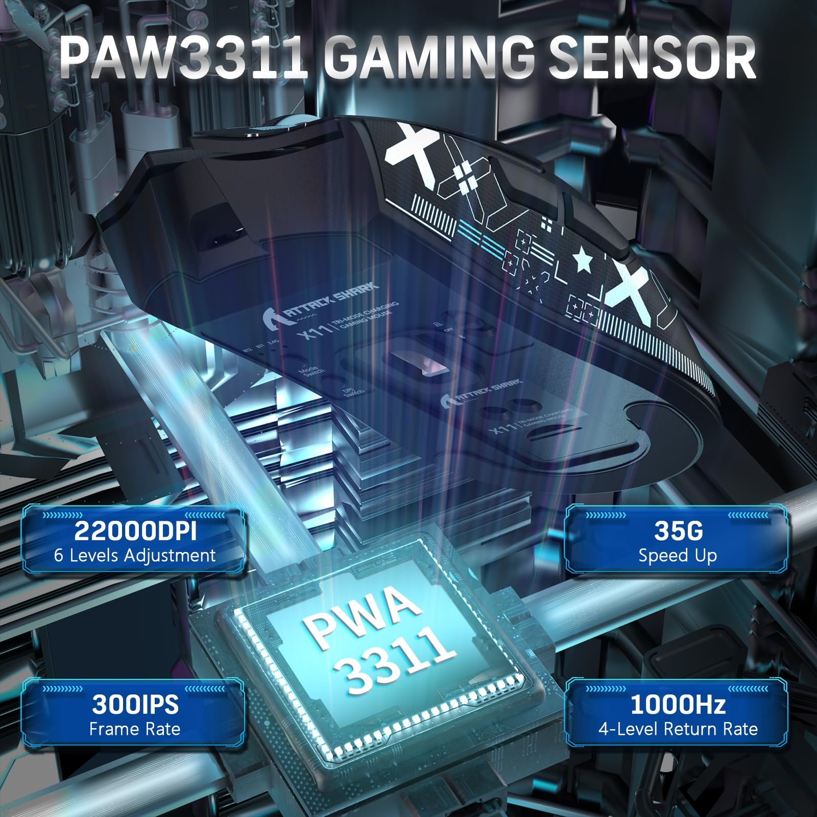 Мышь Беспроводная Игровая Attack Shark X11 с RGB Подставкой для Магнитной Зарядки, Сенсор PixArt PAW3311, Сверхлегкая 59г, Три режима, 22K DPI - Черный и лента, фото №5