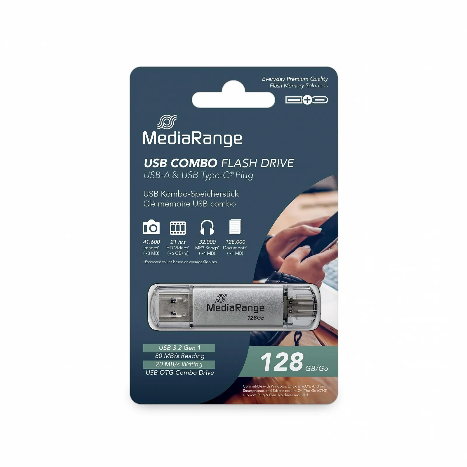 USB-накопичувач MediaRange USB 3.1 and TypeC 128 GB Combo 60 МБ/с Сріблястий, фото №1