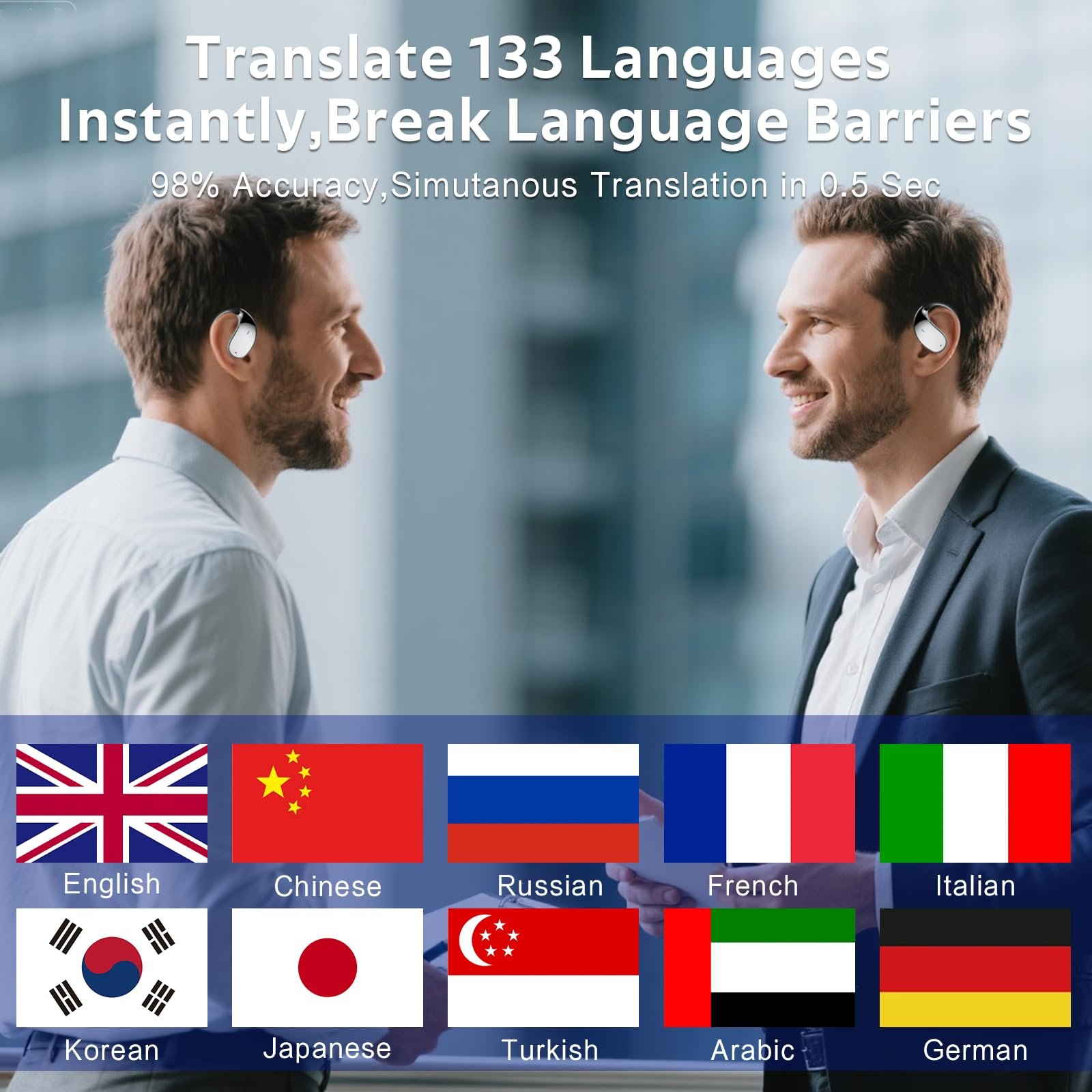 Наушники для перевода AI, Bluetooth 5.4, беспроводные наушники с поддержкой 133 языков, 60 часов автономной работы, 5 режимов перевода, фото №2