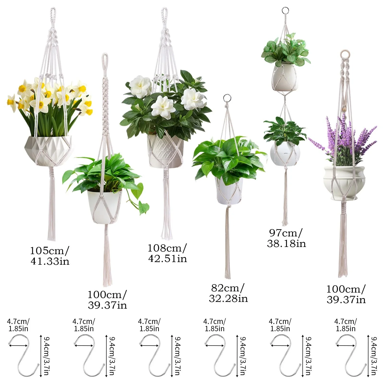 Підвісні кошики макраме Набір 6 шт з 6 гачками Бавовняна мотузка Бохо-стиль, фото №5 Підвісні кошики макраме Набір 6 шт з 6 гачками Бавовняна мотузка Бохо-стиль, фото №5