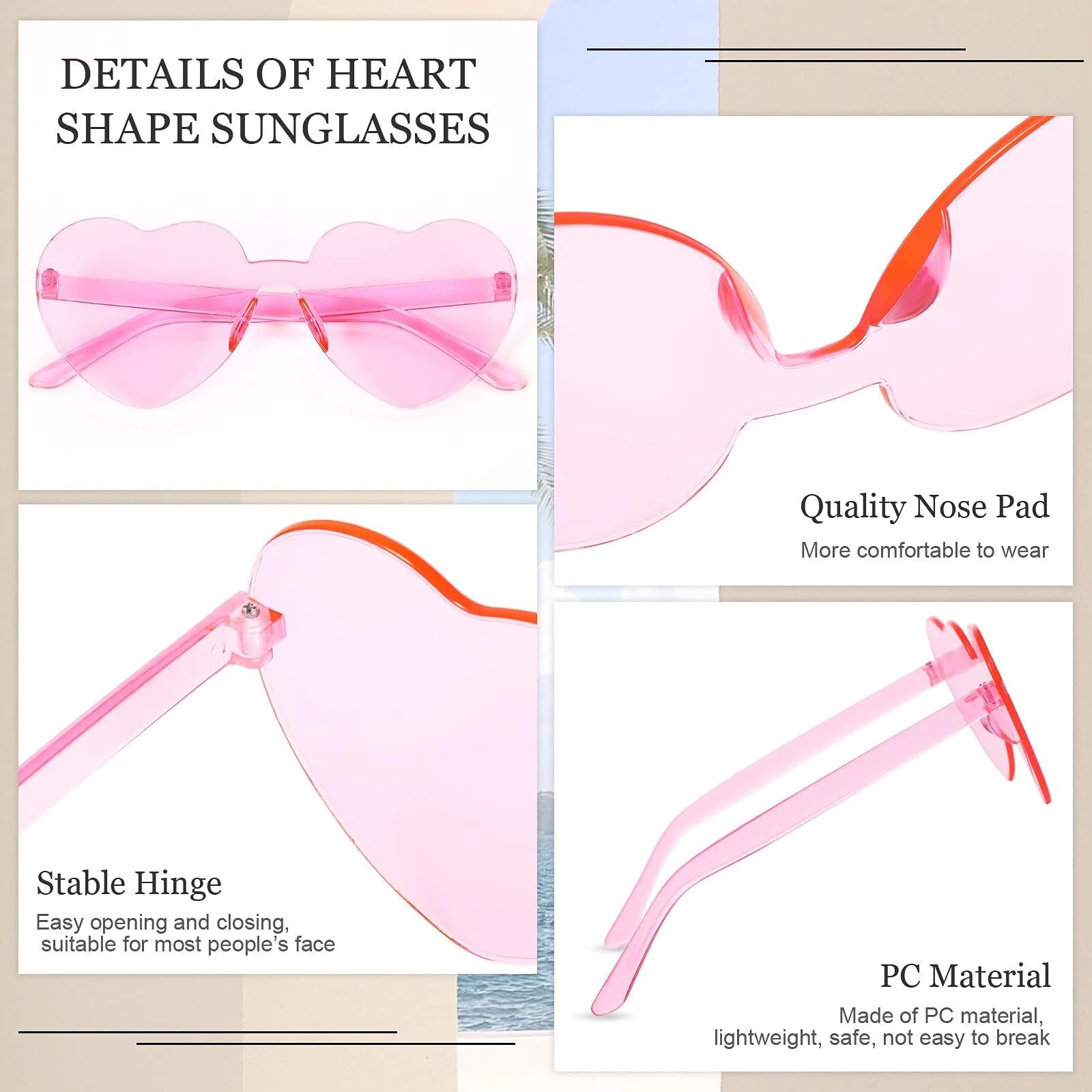 Сонцезахисні окуляри у формі серця Без оправи Прозорі Кольорові Рожевий, L, фото №3