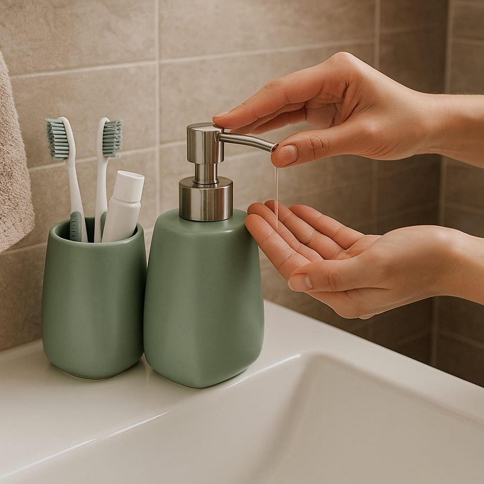 Набор для ванной комнаты Керамика Water Green Дозатор мыла, стакан Минималистичный стиль, фото №4