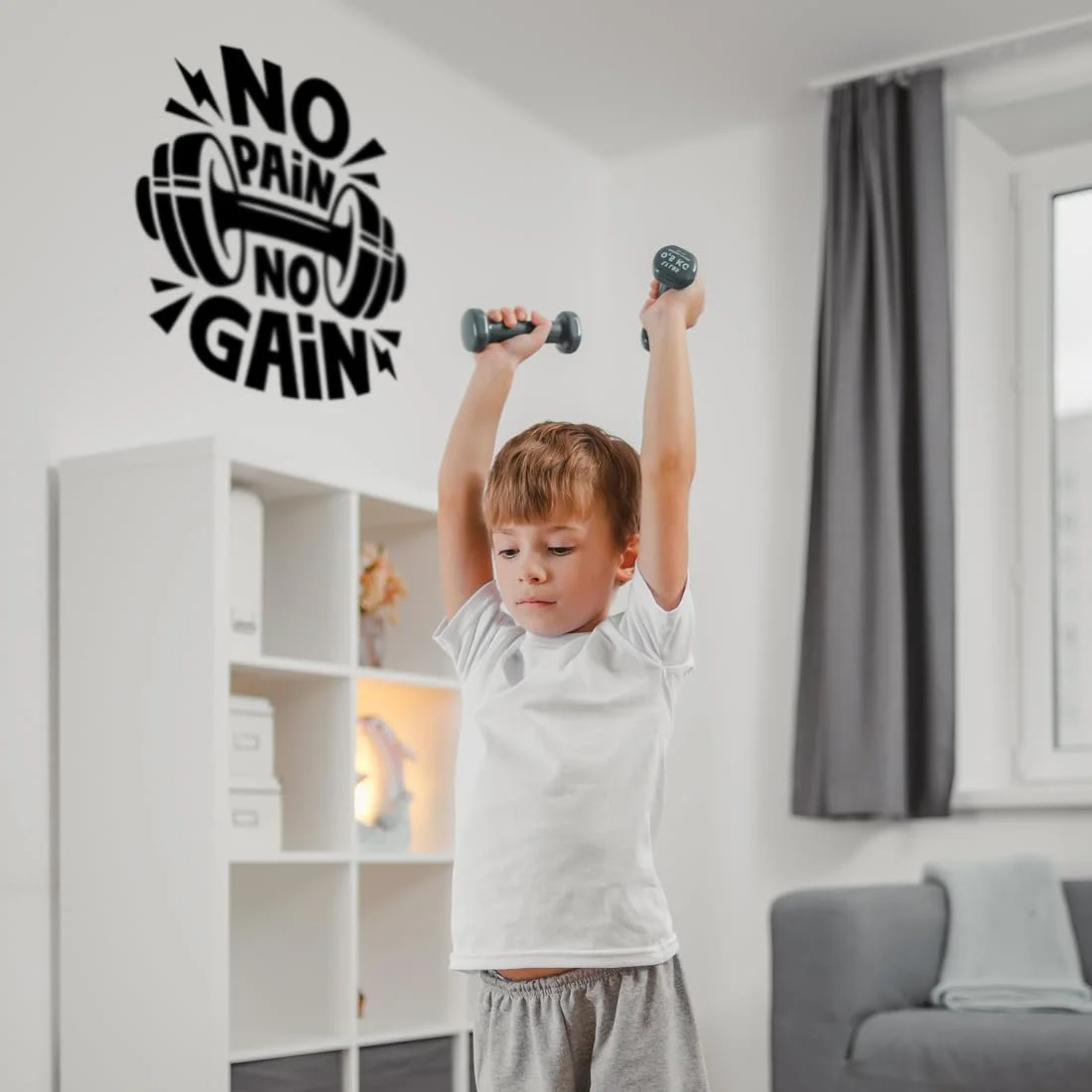 Наклейка на стіну "No Pain No Gain" Motivational Dumbbell 430 x 430 мм Чорна, фото №2 Наклейка на стіну "No Pain No Gain" Motivational Dumbbell 430 x 430 мм Чорна, фото №2