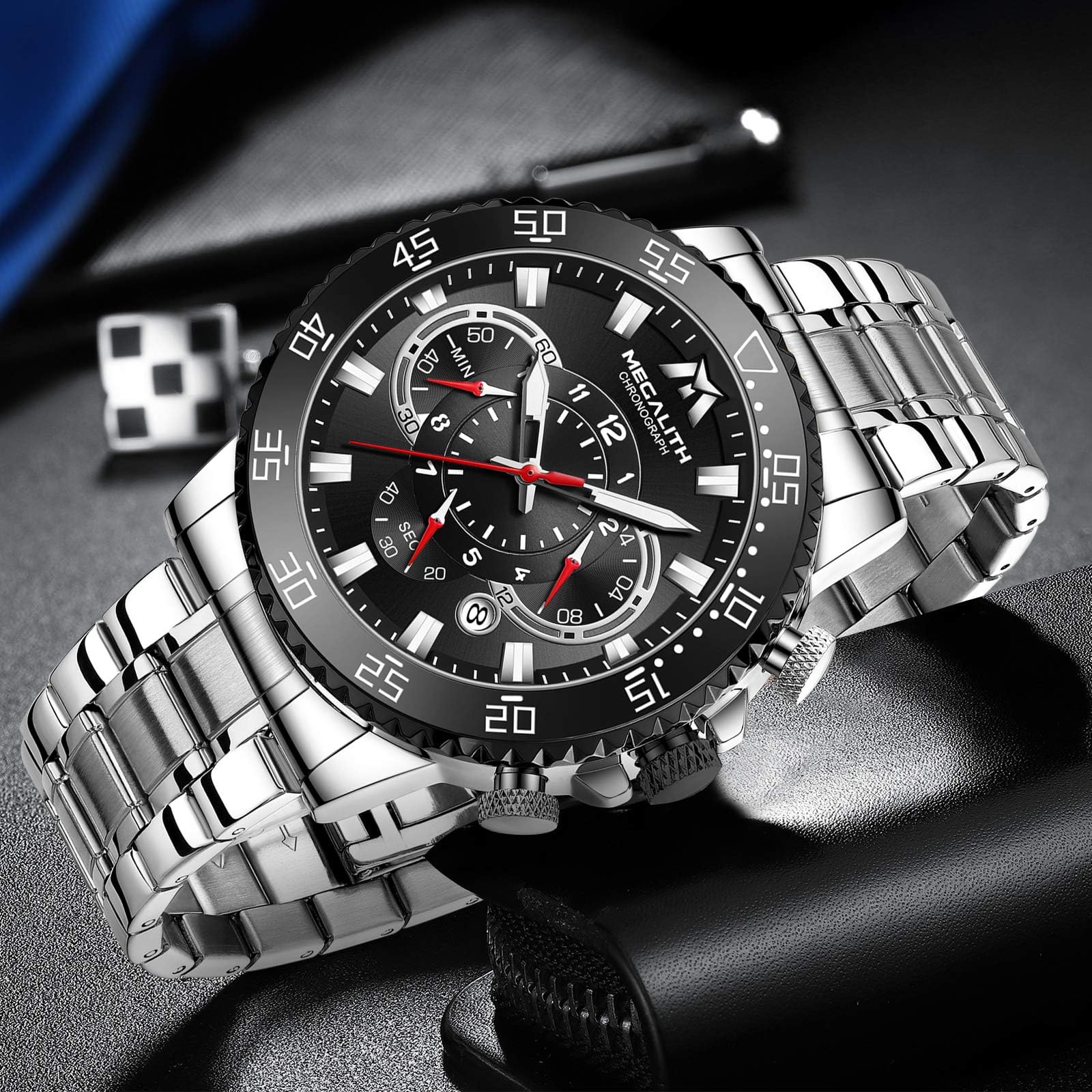 Годинник MEGALITH Чоловічий Хронограф Кварцовий 45 мм З Нержавіючої Сталі Великий Водонепроникний Світний Календар Сріблястий A0 Сріблястий Чорний Японія, фото №7